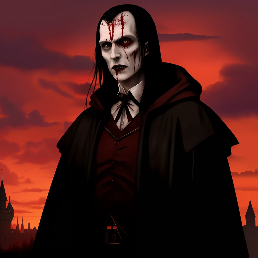 A realistic image of a blood-stained vampire snuggled with demons and a gothic castle in the background , with the red sky