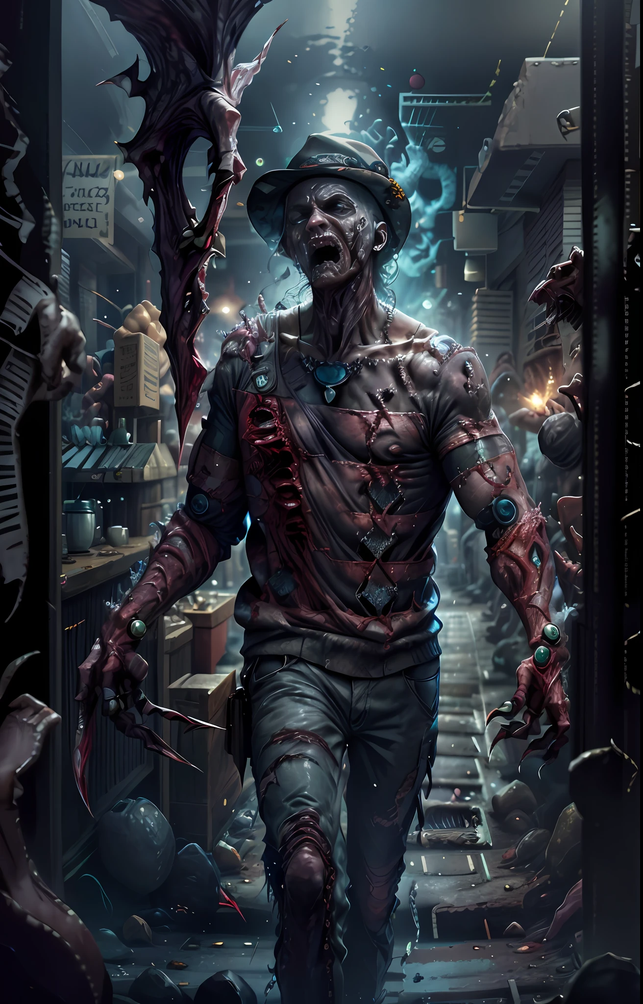 Araffe dressed as a man with a striped sweater and hat, Freddy Krueger, Estilo Freddy Krueger, terror, Close-up de corpo inteiro, imagem detalhada, horror!! altamente detalhado, figura, horror altamente detalhado, hand-carved, animatronic, hand, Filme de terror Slasher, pose assustadora e raivosa, sharp claws on the hand of the glove, Robert Englund Rosto, robert englund freddy krueguer