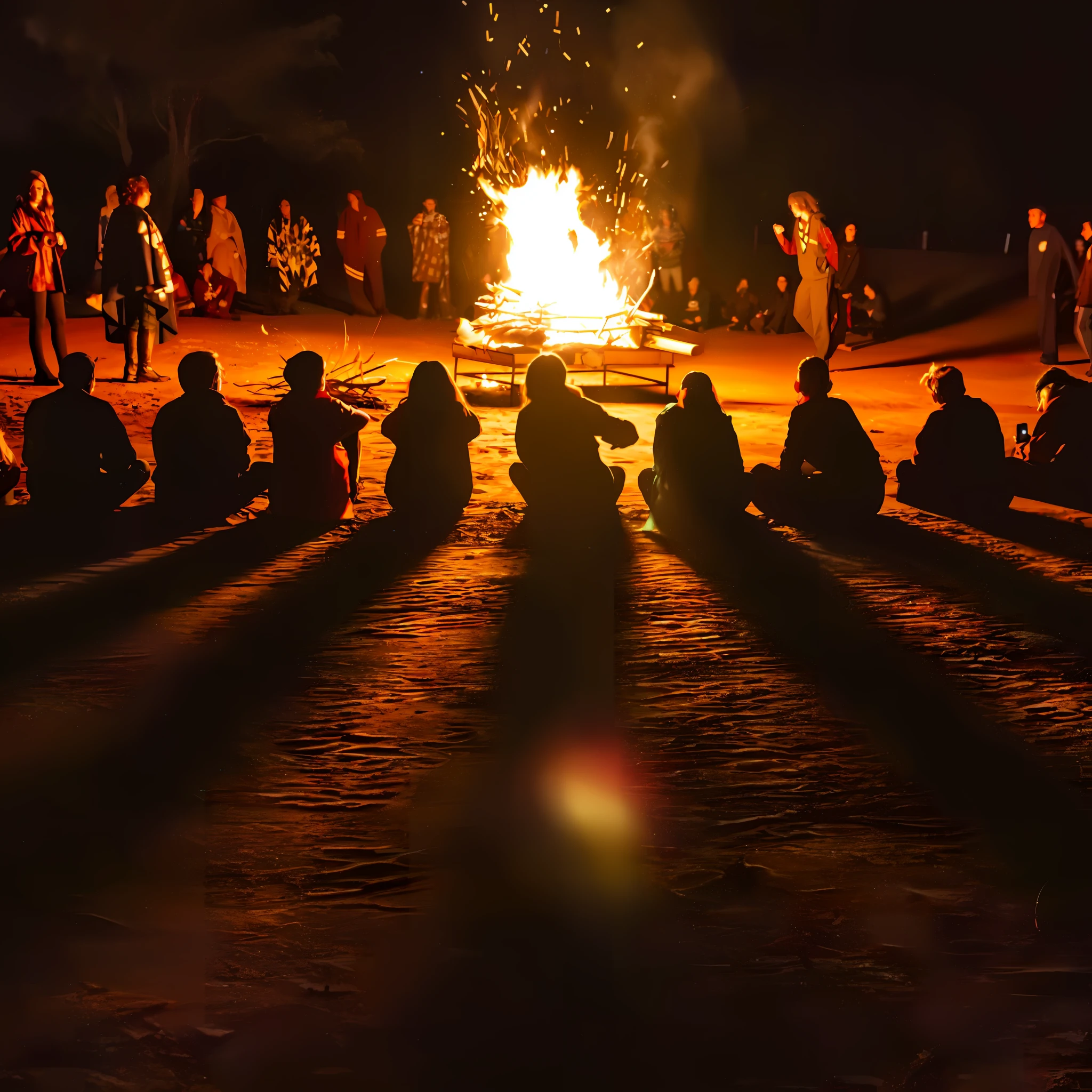 people sitting around a campfire at night with a lot of people around, People facing circle of fire, ayahuasca ceremony, on a bonfire at night, Fogueira, aceso de fogo, Ritual Occult Meeting, solstice fire, cercado de fogo, blessing the soil at night, fogueira, fogueira no fundo, banhado no brilho de uma fogueira, fogueira