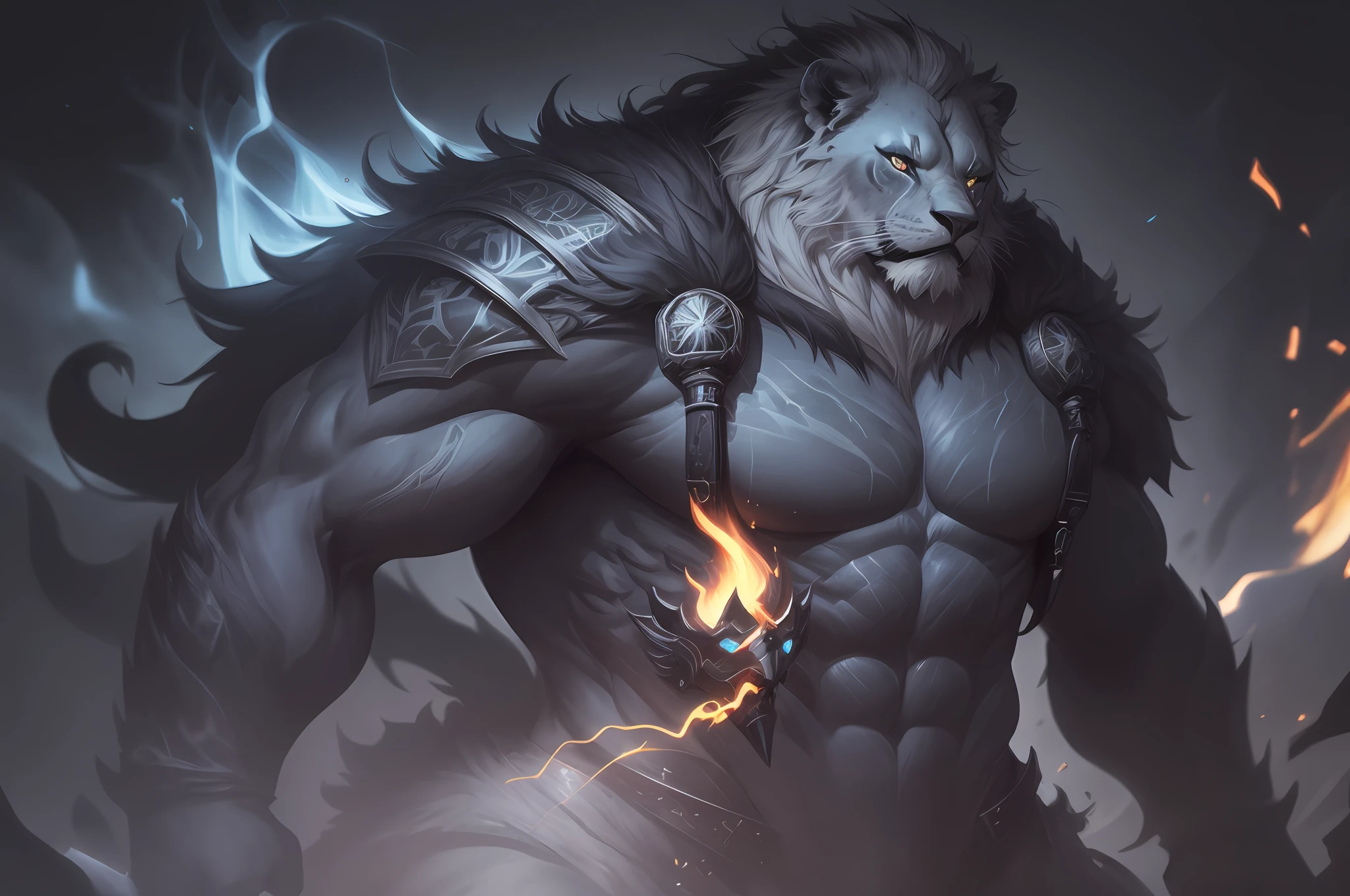 Extremely detailed black lion with eyes of fire Extremely detailed with medieval armor Extremely detailed, muscular lion standing extremely detailed.