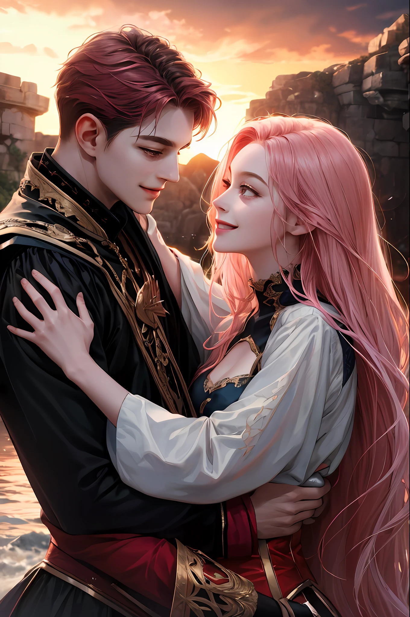 (absurdres, highres, ultra detailed), 2others, couple, 1man with 1woman, mature, Height difference, different hair color, happy, love, hug, upper body, long hair, black hair and pink hair, fantasy, sunset, looking at each other