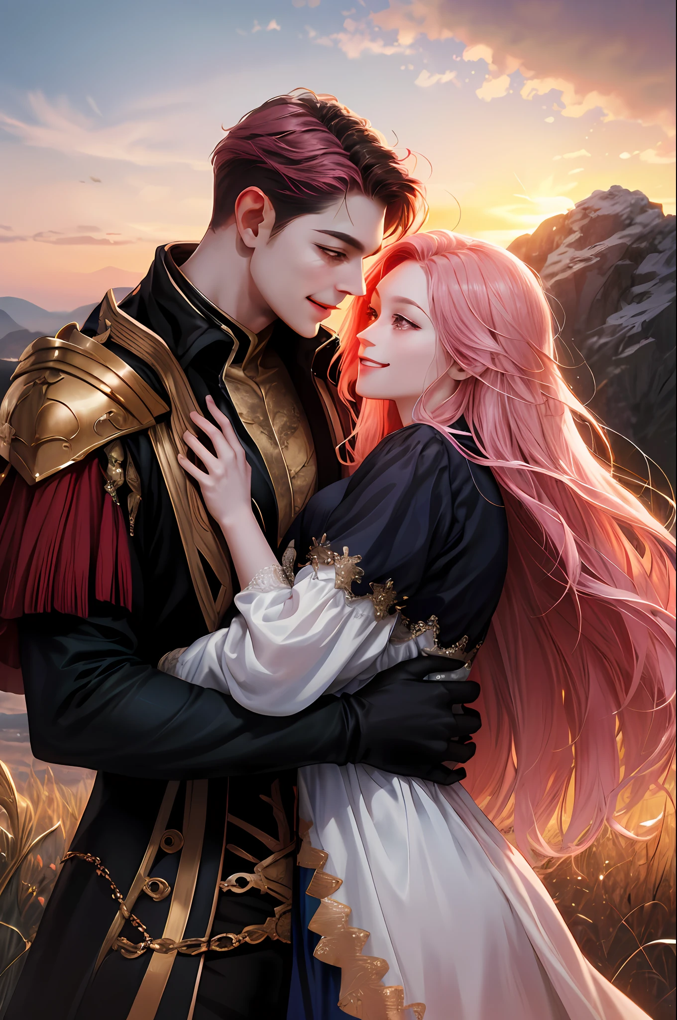 (absurdres, highres, ultra detailed), 2others, couple, 1man with 1woman, mature, Height difference, different hair color, happy, love, hug, upper body, long hair, black hair and pink hair, fantasy, sunset, looking at each other