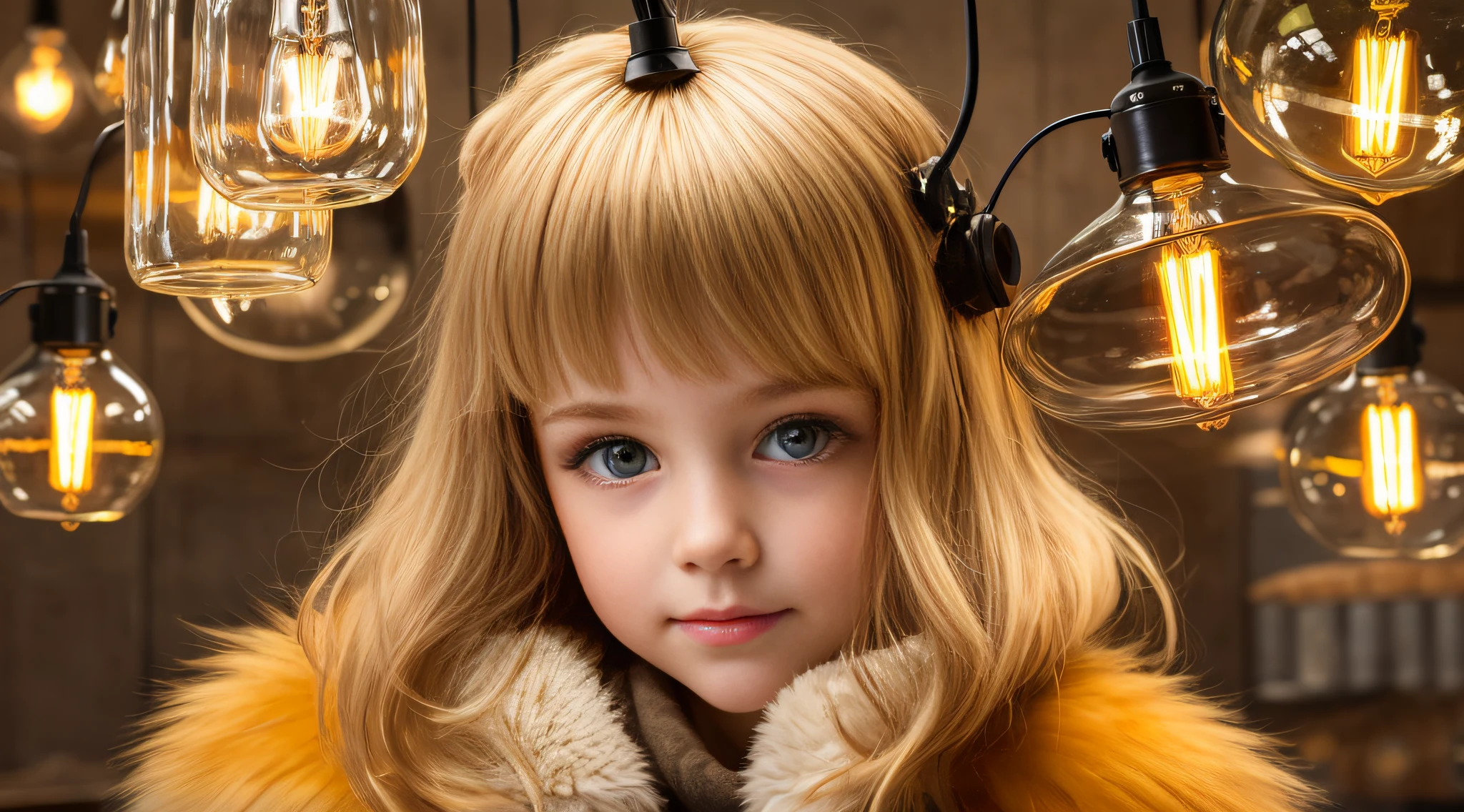 there is a GIRL CHILD 12 YEARS BLONDE CABEL SMOOTH BIG, PORTRAIT, WITH FUR COAT, a closeup of a lot of lamps hanging from a ceiling, nostalgic lighting, lamps, retro lights, some lamps, vibrant lighting, vibrant lights, various lighting climate, commercial lighting, industrial lighting, technological lights, creative lighting, lots of bright lights, cold hot lighting, bright lamps, glass lamps, bright electric orange lights, warm lighting, nixie tubes