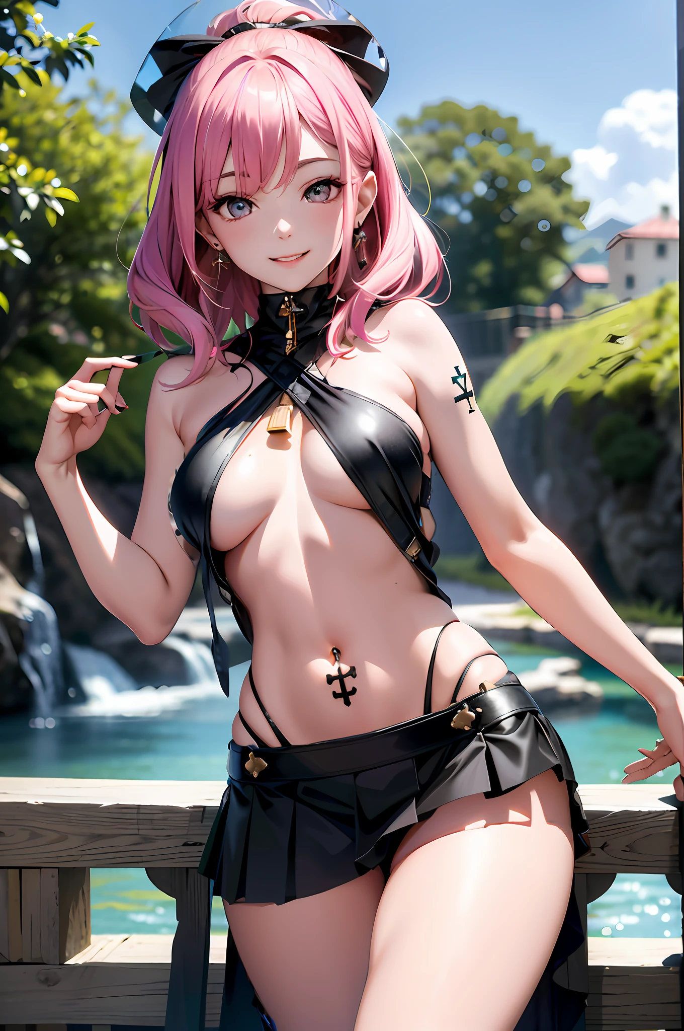 absurdres, highres, real, (realistic), (4k), 8k,
1girl, sexy girl , pinky shiny eyes , realistic , medium size boobs, small boobs , sexy thighs , black philed skirt , happy face , sportive black crop ,