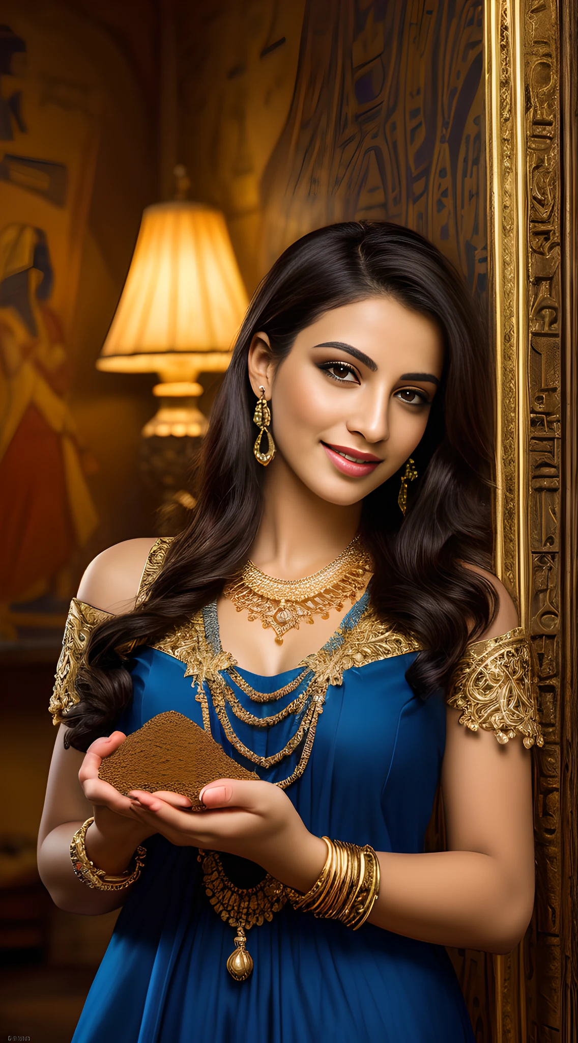 (masterpiece, UHD, high resolution:1.3), radiant Egyptian lady, (brilliant hazel eyes:1.2), adorned in traditional jewelry, offering (handful of fertile Nile soil:1.1) to her admired boyfriend, awe in his gaze, in the privacy of their ornate bedroom, intricate hieroglyphics on walls, oil lamp glow, gold and blue color scheme, (intimate atmosphere:1.2), close-up, shared smile.