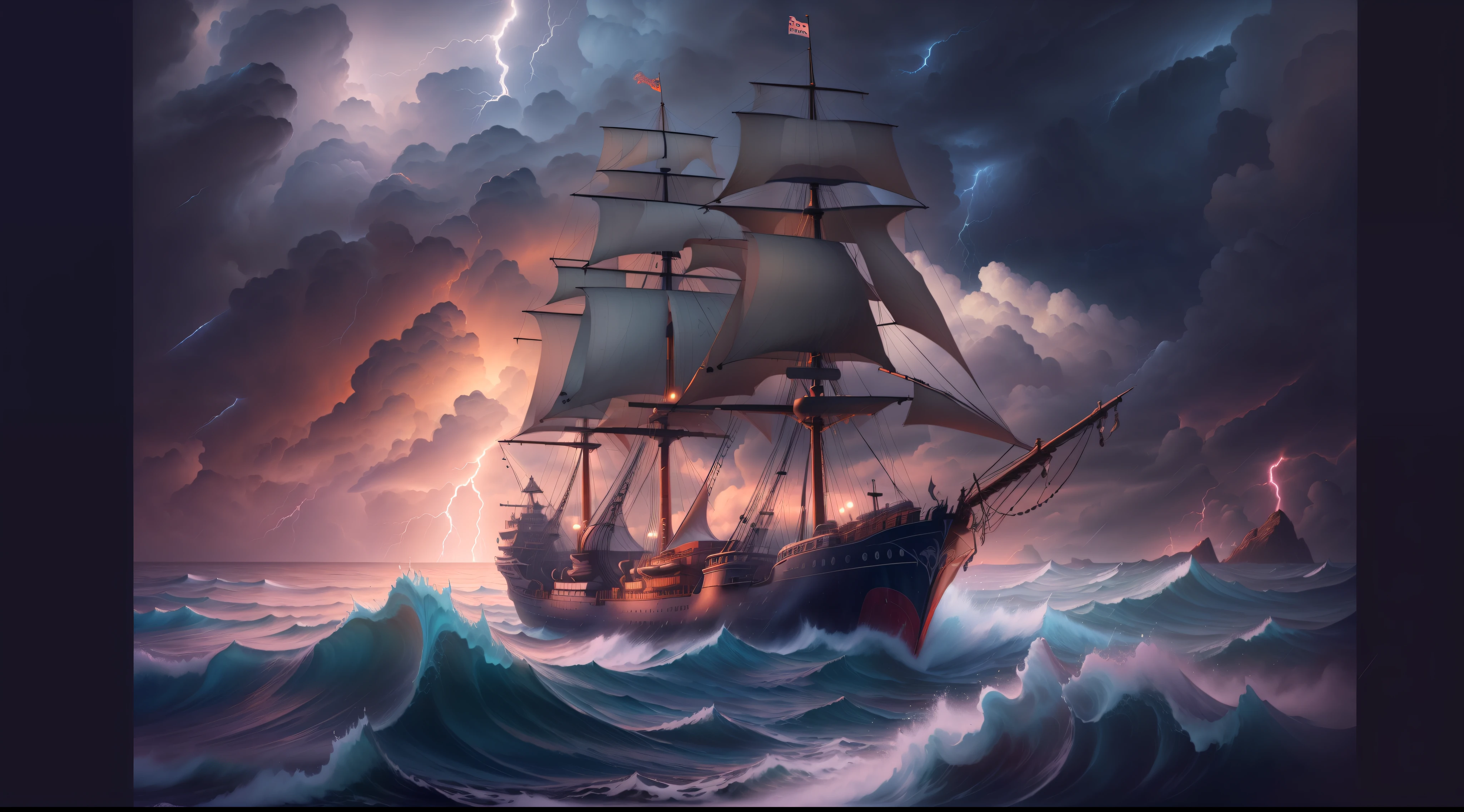 ((best quality)), ((masterpiece)), (detailed), rough ocean, (big ocean waves), (((storm atmospheric))), ((thunder)), lightning, ((majestic royal tall ship on a sea)), (loong), realistic painting, (long shot), hyper realistic, 8k, epic composition, cinematic