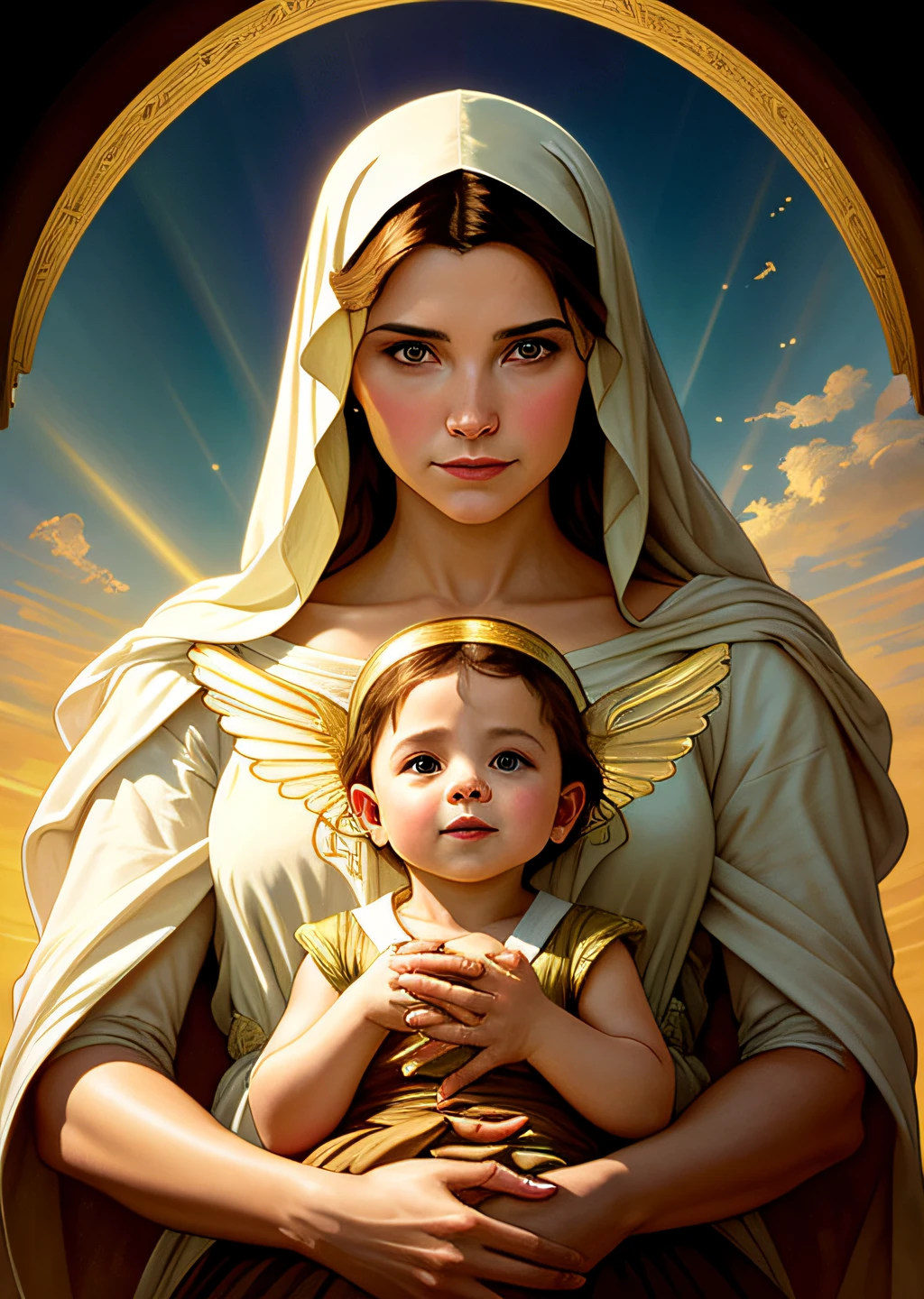 masterpiece, woman and child, holy virgin mary with little boy in her arms, halo over head, smiling, heavenly sky, half body, ((divine light)), ethereal, clouds, back lighting, realistic portrait, symmetrical, strong, intricate drawing, highly detailed, digital painting, art station, concept art, fluid, sharp focus, illustration, against heaven's gate, cinematic lighting, works by artgerm and greg rutkowski and alphonse mucha