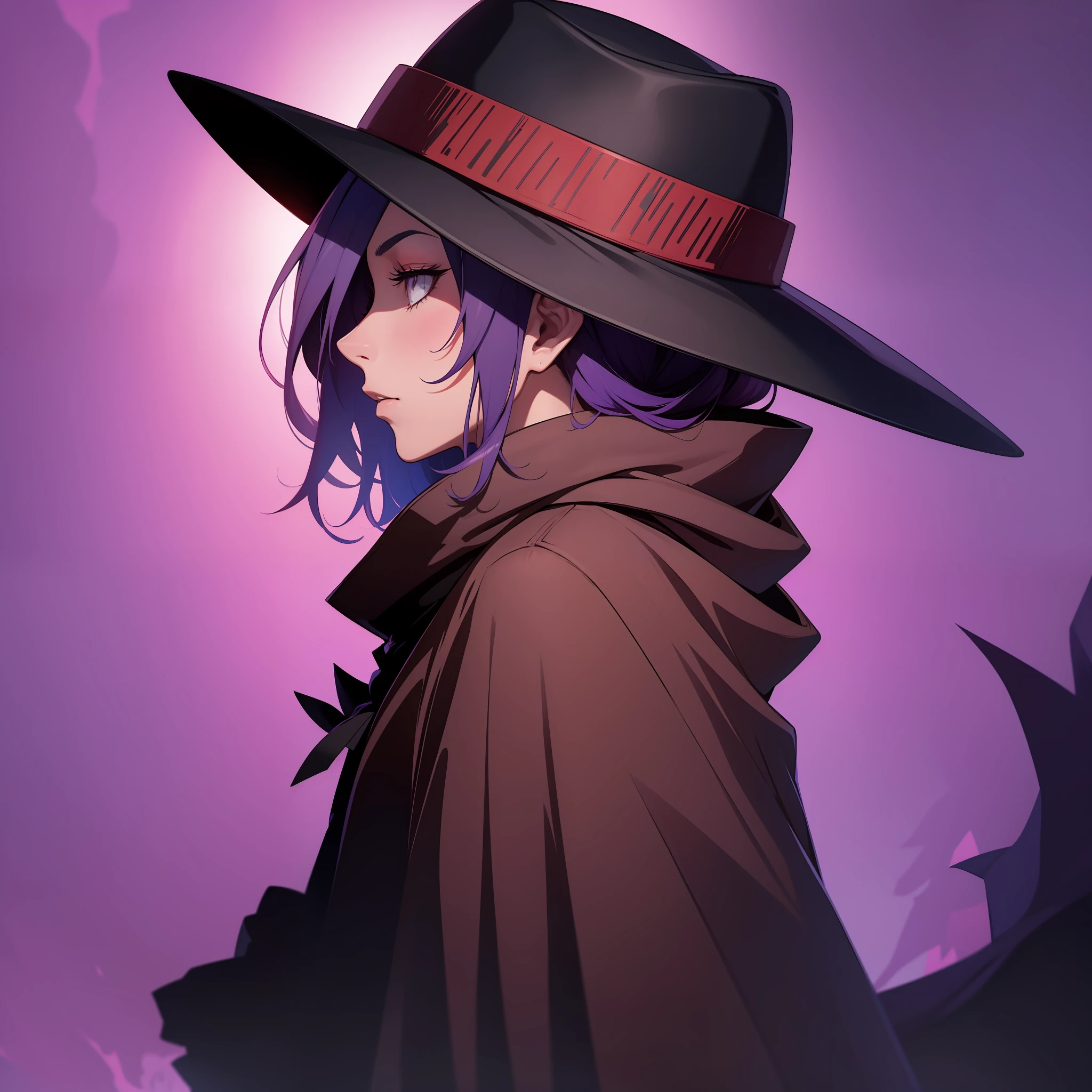 a silhouette of a man with a hat and cloak standing in front of a purple background, character silhouette, silhouette!!!, detailed silhouette, cel shadow, shalltear from overlord, shadow, wallpaper!, complete darkness background, anthropomorphic silhouette, madara uchiha, profile picture 1024px, silhouette :7, joker as naruto, closeup!!!!!!