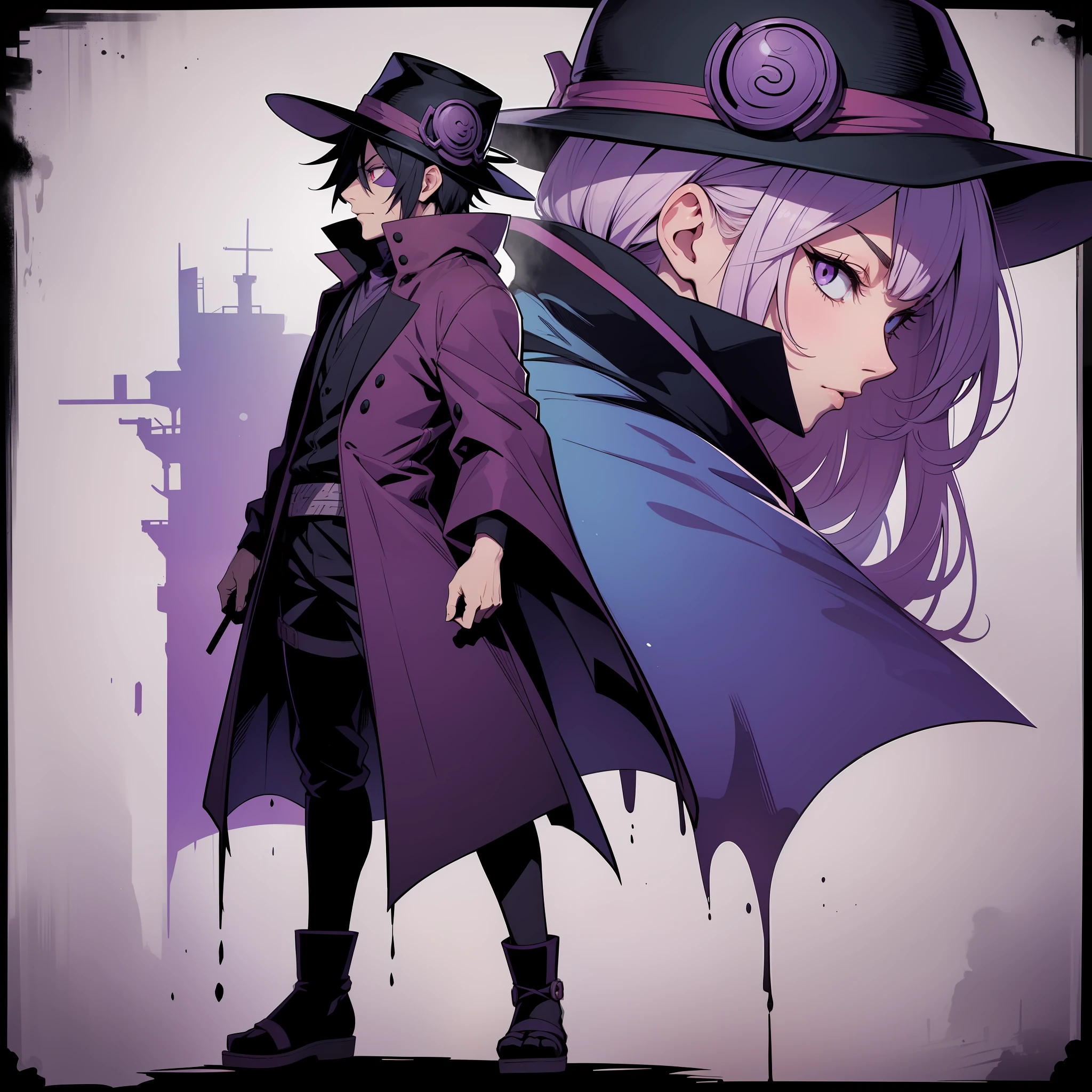 a silhouette of a man with a hat and cloak standing in front of a purple background, character silhouette, silhouette!!!, detailed silhouette, cel shadow, shalltear from overlord, shadow, wallpaper!, complete darkness background, anthropomorphic silhouette, madara uchiha, profile picture 1024px, silhouette :7, joker as naruto, closeup!!!!!!