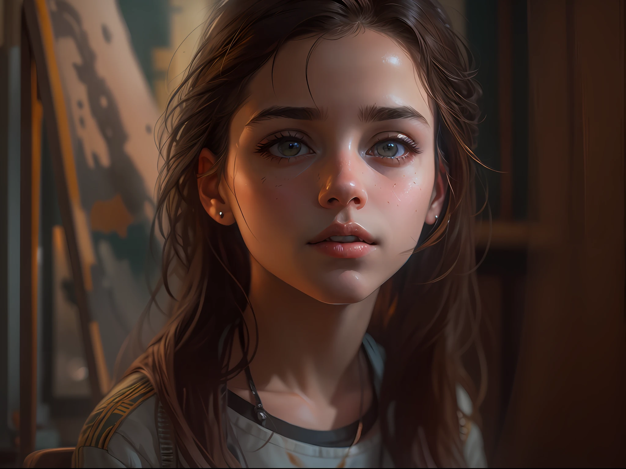 olpntng style, close up a portrait of a beautiful girl at the *********, thick brown hair, brown eyes, plump lips, face detailed, sitting on a chair in a room, unreal engine, octane render, blender, highly detailed, studio lighting, cinematic, atmospheric, greg rutkowski, oil painting, heavy strokes, paint dripping