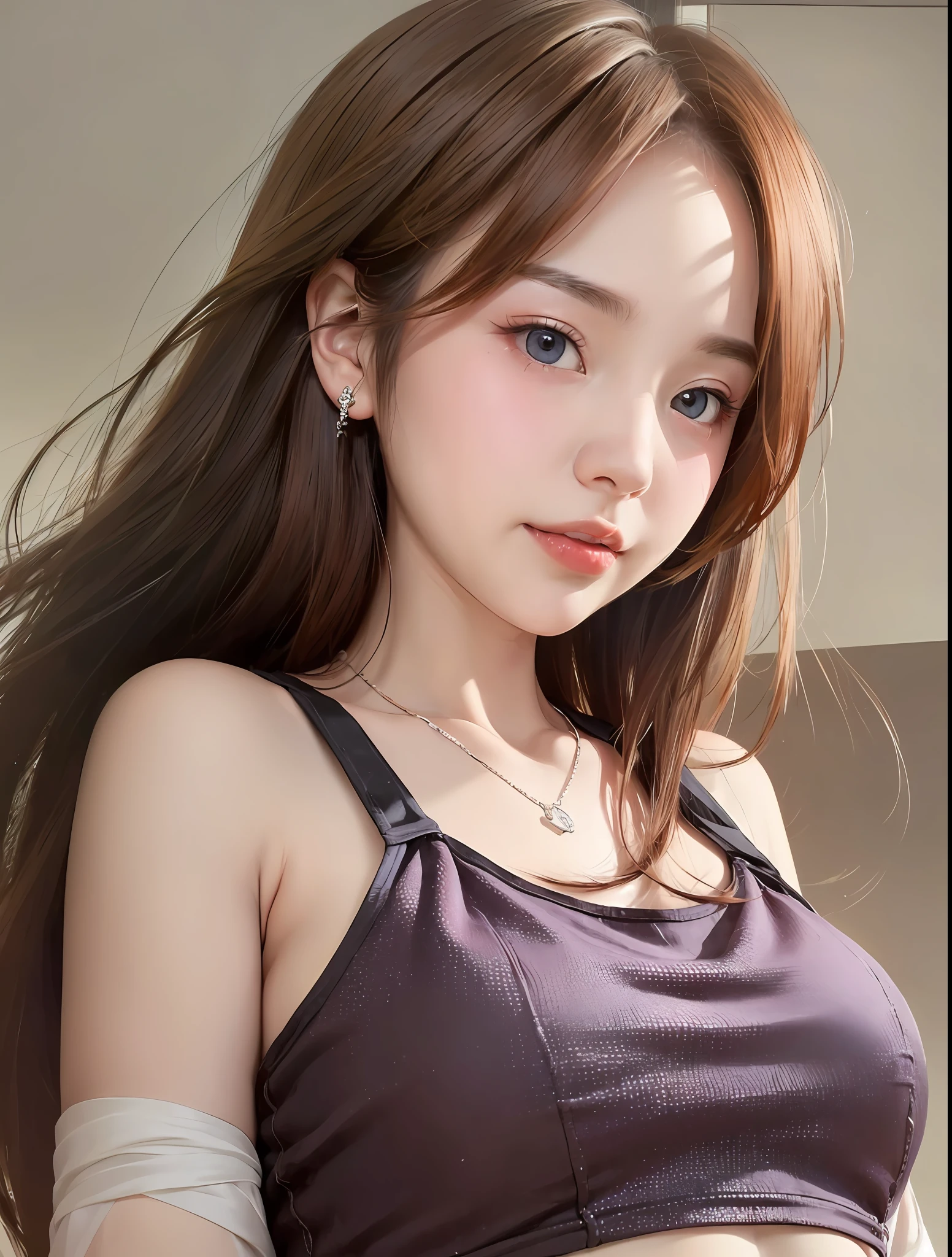 arurinh, (blushing)) ((blushing)), waist up, aberdes, long straight lift hair, dynamic pose, modelshoot: photoshoot, HD, high contrast, sharp image, mastery, mouth closed, balanced eyes, CG render, small skull, clavicle detail, (best quality detail: 1.2), realistic, 8K ultra-fine, high quality texture, fine texture, fine detail, high detail, extremely detailed CG, high quality shadows, beautiful and delicate eyes, freedom, beautiful woman, smaller breasts, tall, blurred background, lime-colored gym clothes,