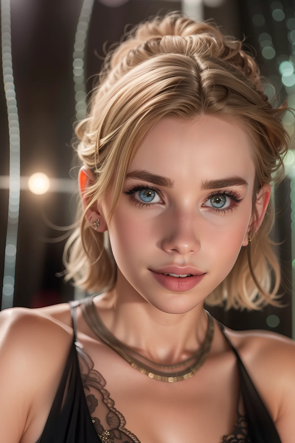 ((Emma Roberts looks seductive)), (she's standing on the dance floor in a nightclub), ((she has round breasts)), (kleiner Kopf), ((detailliertes Gesicht)), weiches filmisches Licht, ((((Kino-Look)))), (Raytracing), (scharfer Fokus), ((natural realistic skin texture)), detailliertes Gesicht, detaillierte Lippen, detaillierte Augen, doppeltes Augenlid