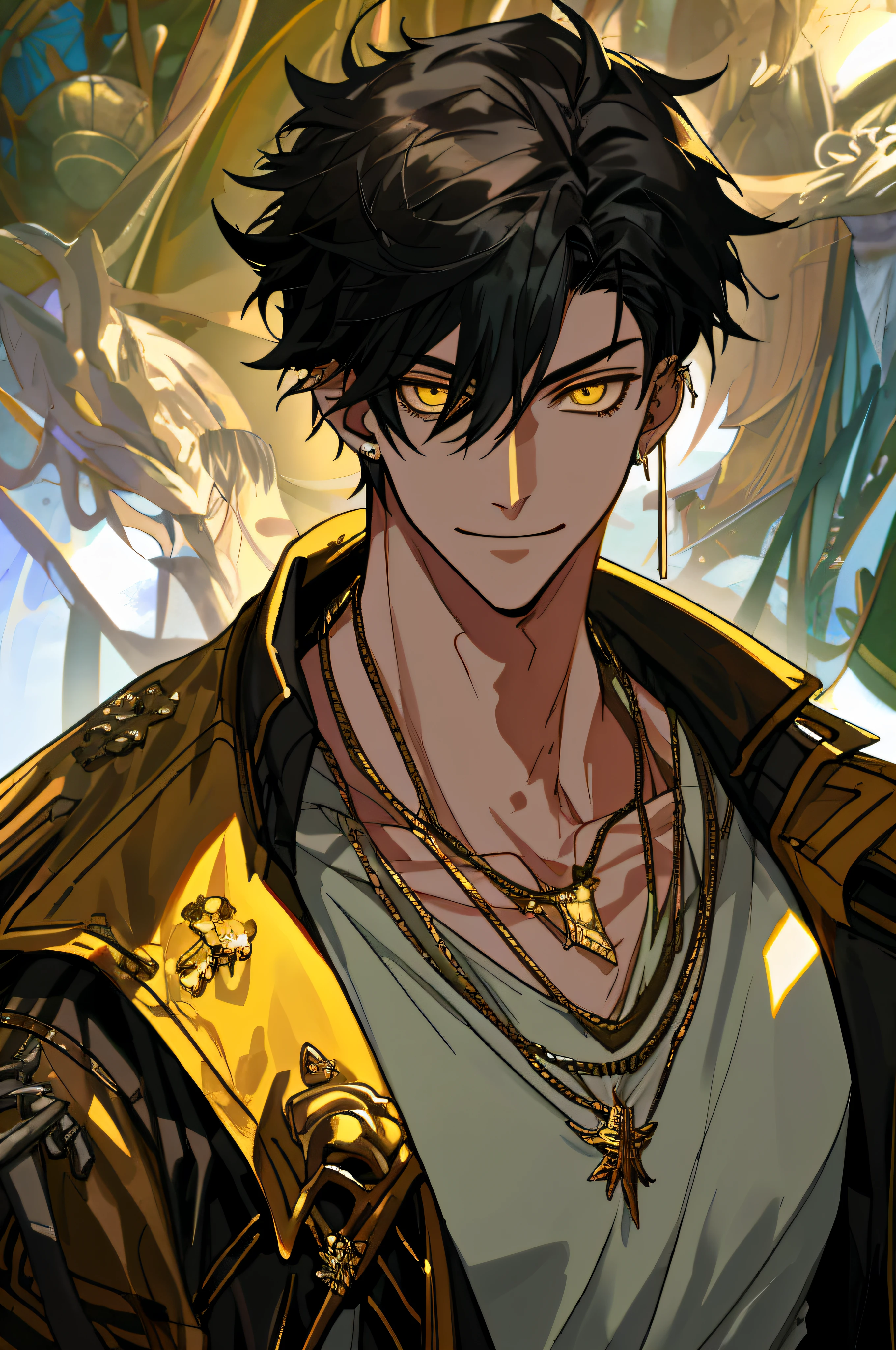 Masterpiece, absurdres, fine detail, HDR,
solo, looking at viewer, smile, shirt, black hair, 1boy, hair between eyes, jewelry, jacket, yellow eyes, upper body, male focus, earrings, necklace, ear piercing, FH