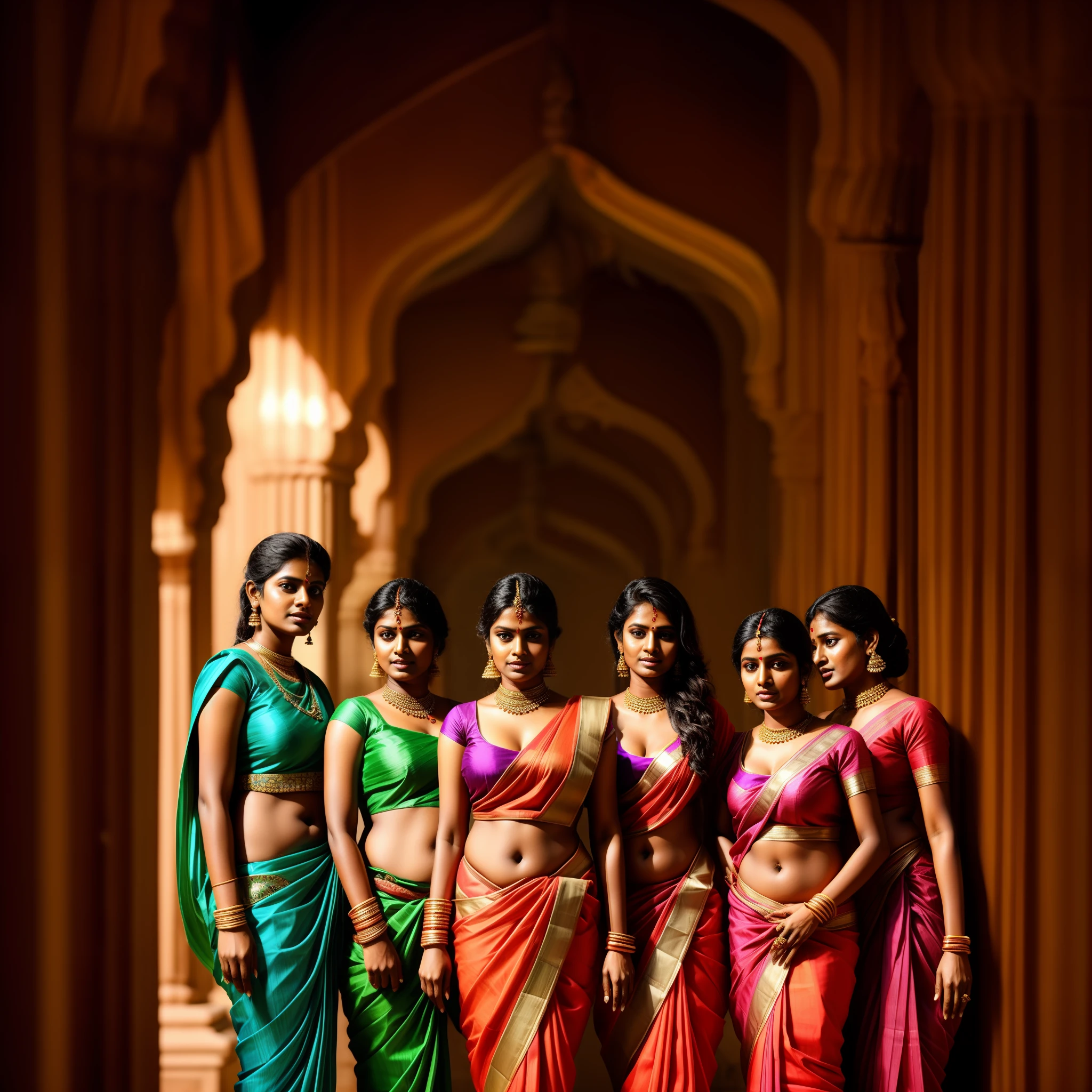 Indian Tamil women wearing saree, visible navel, deep cleavage