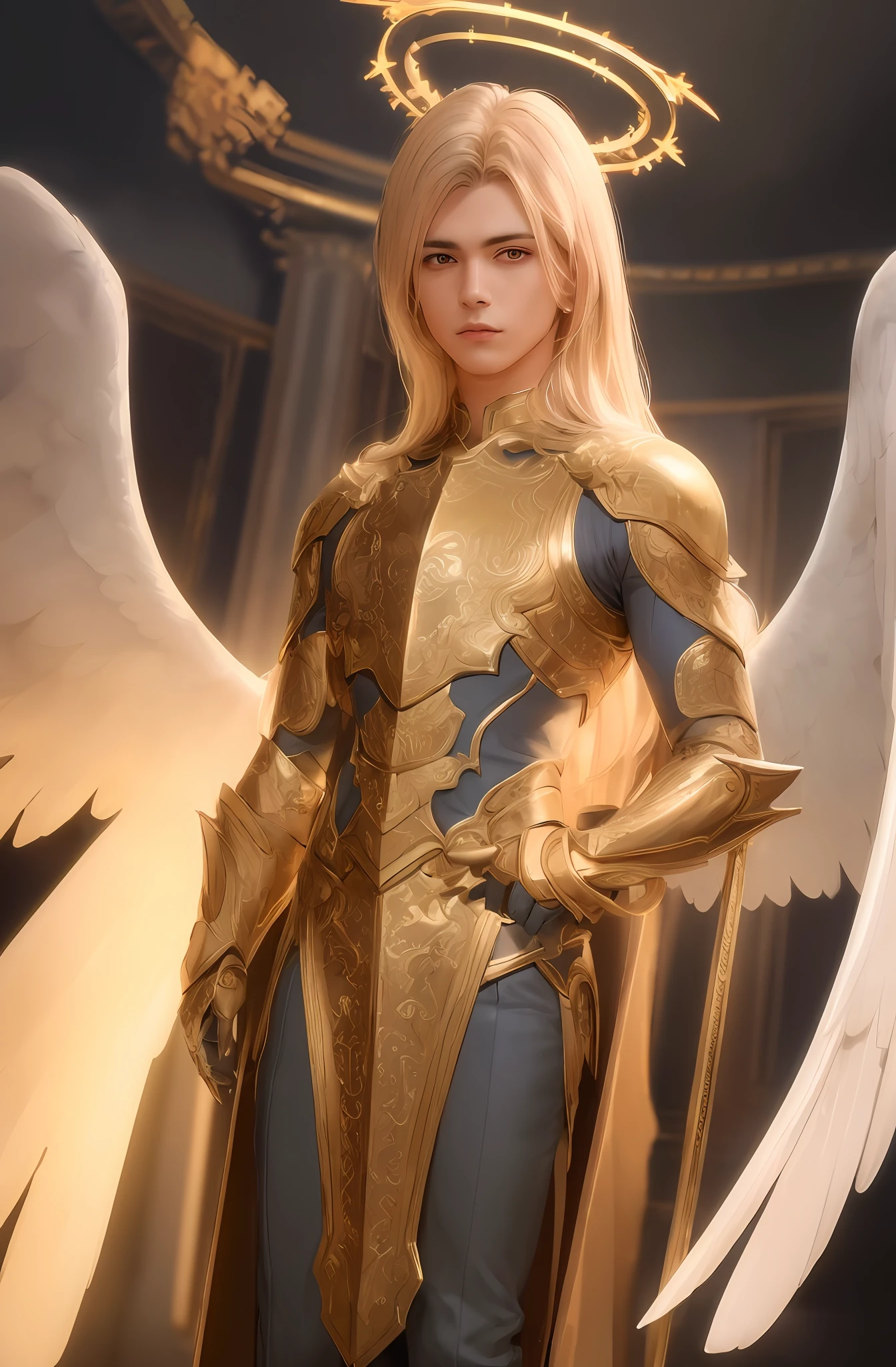 Distant view, characters do not make up much of the picture, angels descending, gorgeous white costumes, huge golden wings, glowing sword in hand, golden eyes glowing with golden light, face of a young handsome European man, perfectly proportioned body (masterpiece, best quality, high resolution: 1.4), detailed, intricate details, 4K, color splashes, line art, oil painting