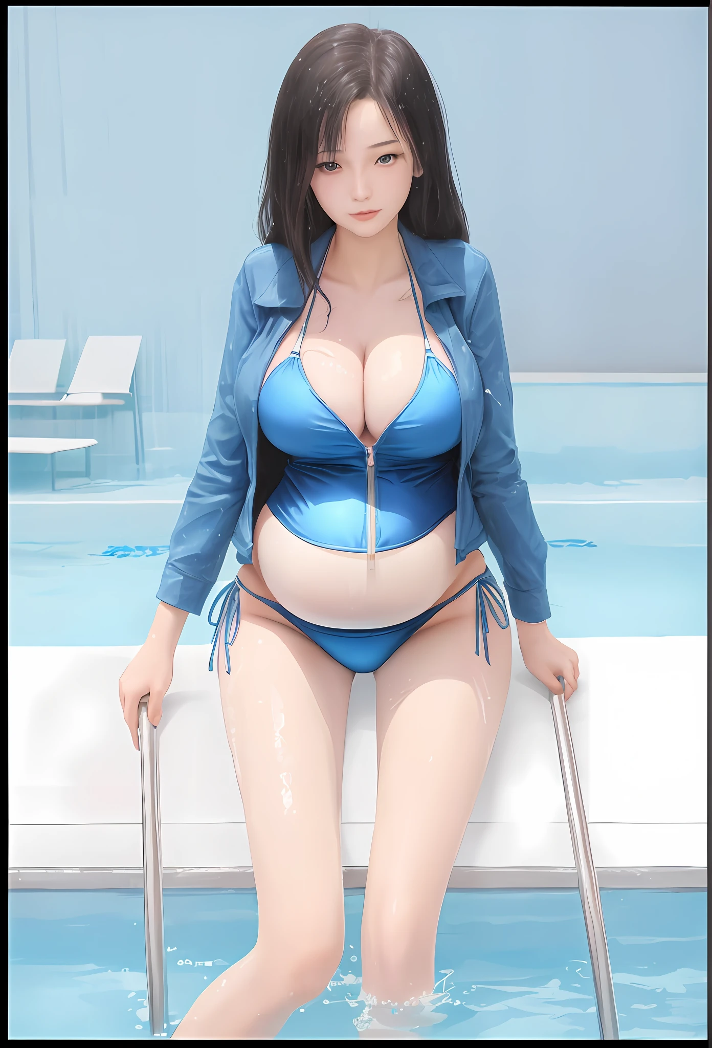 a cartoon drawing of a woman in a bikini and a blue jacket, nico robin, is wearing a swimsuit, next to a pool, high quality colored sketch, full colored, wet swimsuit, realistic bikini, hinata hyuga, swimsuit, tifa lockhart, by Kentaro Miura, inspired by Kusumi Morikage, attire: bikini,  yo girld pregnant, marin kitagawa fanart