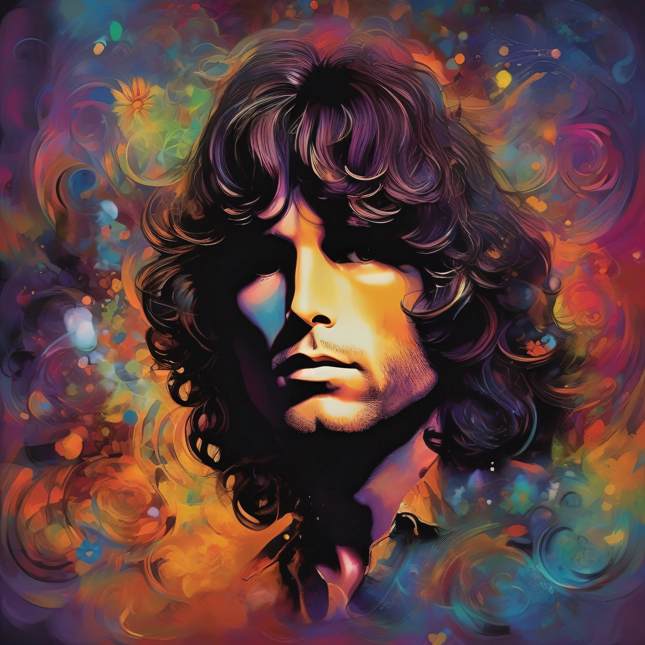 Create a surreal scene with the legendary lead singer of The Doors, Jim Morrison. Mix elements of the musical universe of the 60s with dreamlike and symbolic landscapes. Use rich colors and intriguing details to portray Jim Morrison's enigmatic aura and psychedelic atmosphere of the time.