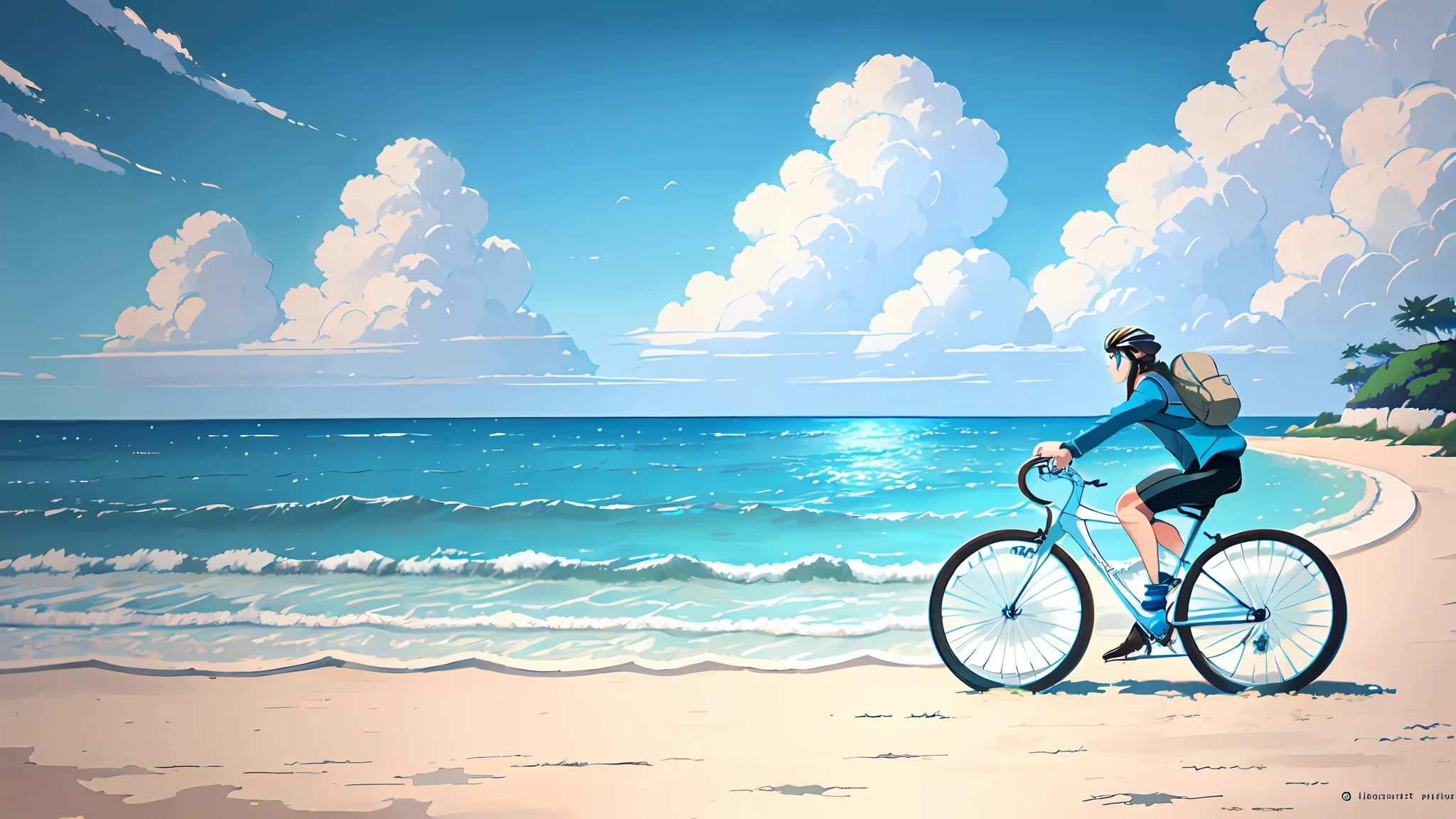 (bicycle:1.5), (Realistic bike: 1.5), (realistic cyclist: 1.5), plan close-up, zanzibar, plage, voiliers dhow, mer, sable, soleil, Landscaped background, ombres, contraste, makoto shinkai (beste-Qualit:1.3), (Highres:1) Art par Studio Ghibli Style, Impressionnisme, Couleurs vibrantes