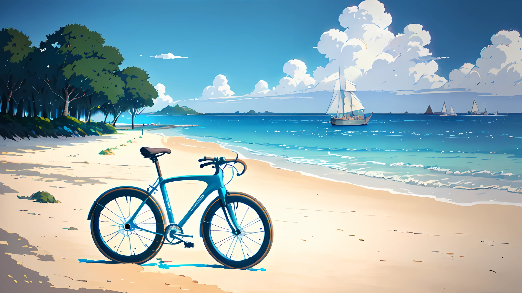 (bicycle:1.5), (Realistic bike: 1.5), (realistic cyclist: 1.5), plan close-up, zanzibar, plage, voiliers dhow, mer, sable, soleil, Landscaped background, ombres, contraste, makoto shinkai (beste-Qualit:1.3), (Highres:1) Art par Studio Ghibli Style, Impressionnisme, Couleurs vibrantes