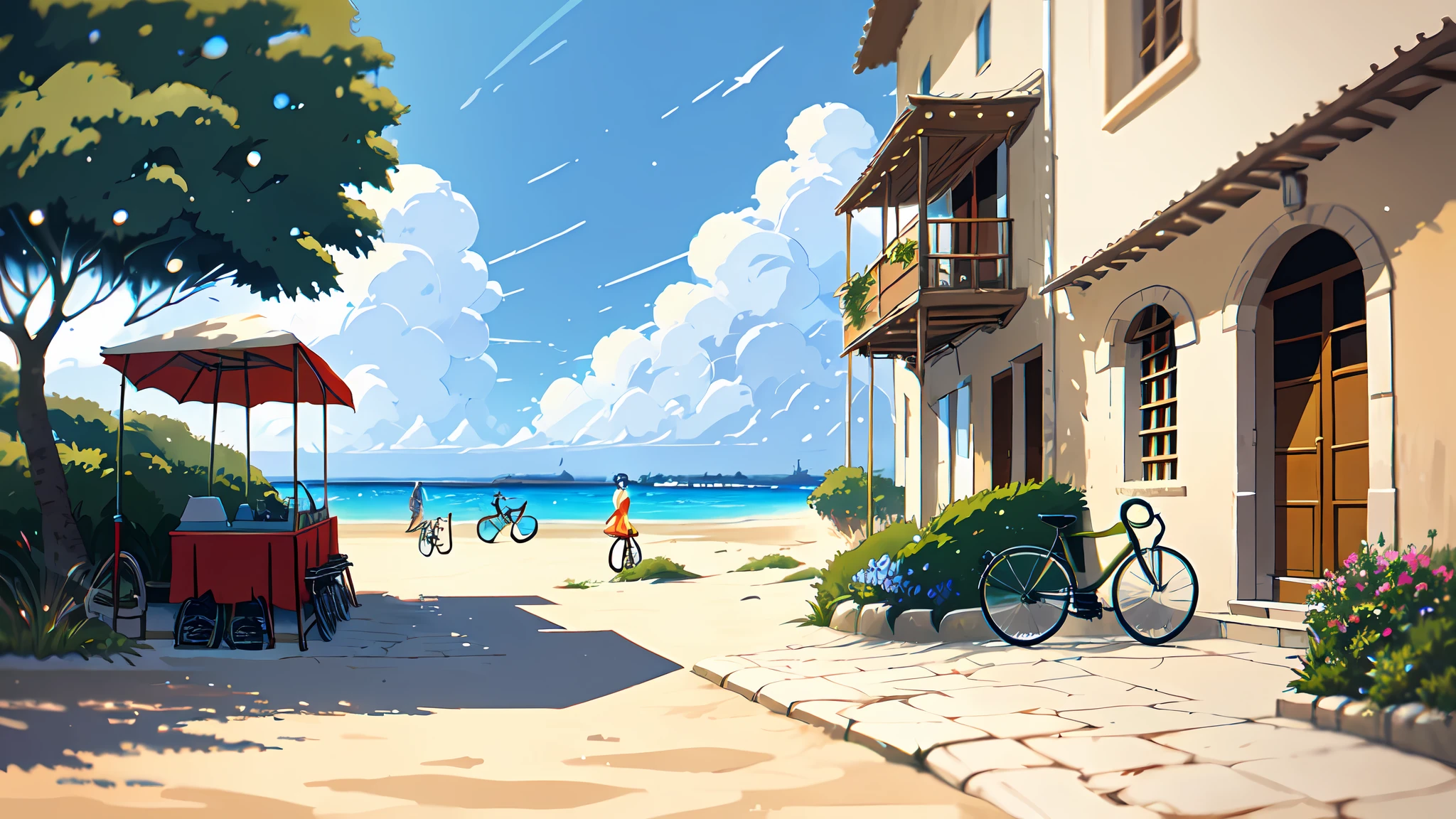 (bicycle:1.5), (Realistic bike: 1.5), (realistic cyclist: 1.5), plan close-up, zanzibar, plage, voiliers dhow, mer, sable, soleil, Landscaped background, ombres, contraste, makoto shinkai (beste-Qualit:1.3), (Highres:1) Art par Studio Ghibli Style, Impressionnisme, Couleurs vibrantes