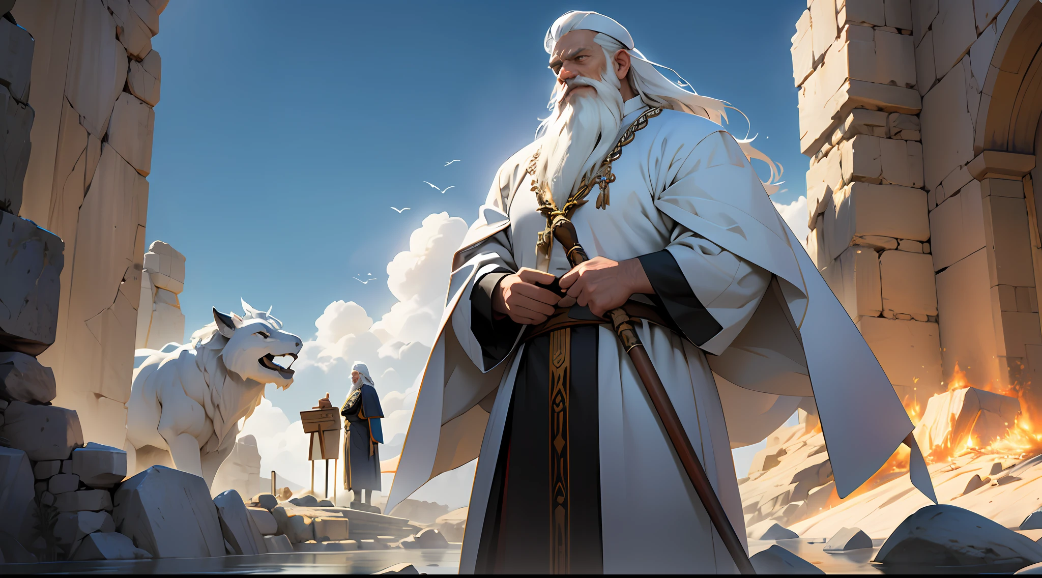 Moses, staff in hand, holding the tablets of the 10 commandments, strong, beard and white hair, strong, standing on top of the stone, ultra realistic, 4k format, 16:9, with Israeli priest clothes --auto