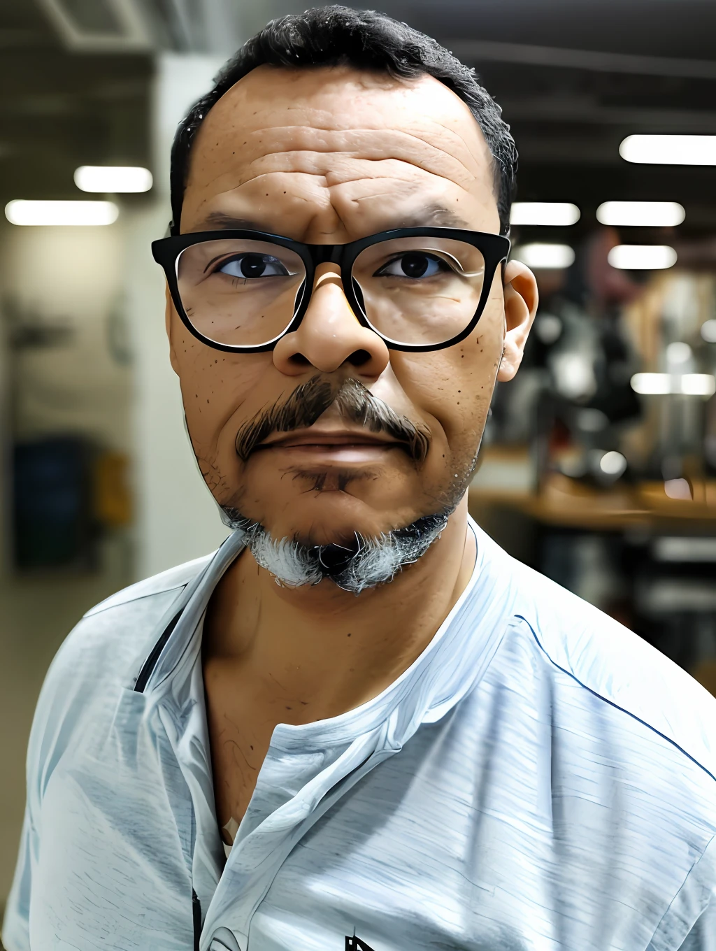 guttonerdjul23, Portrait of a Man with Glasses, rosto pele detaldados, rugas de expressao, barba grisalha estilo lenhador, sem camisa, peito muito peludo, semblante rigido. Cena ultra detalhada, camera  dslr com Lente 50mm, soft studio lighting