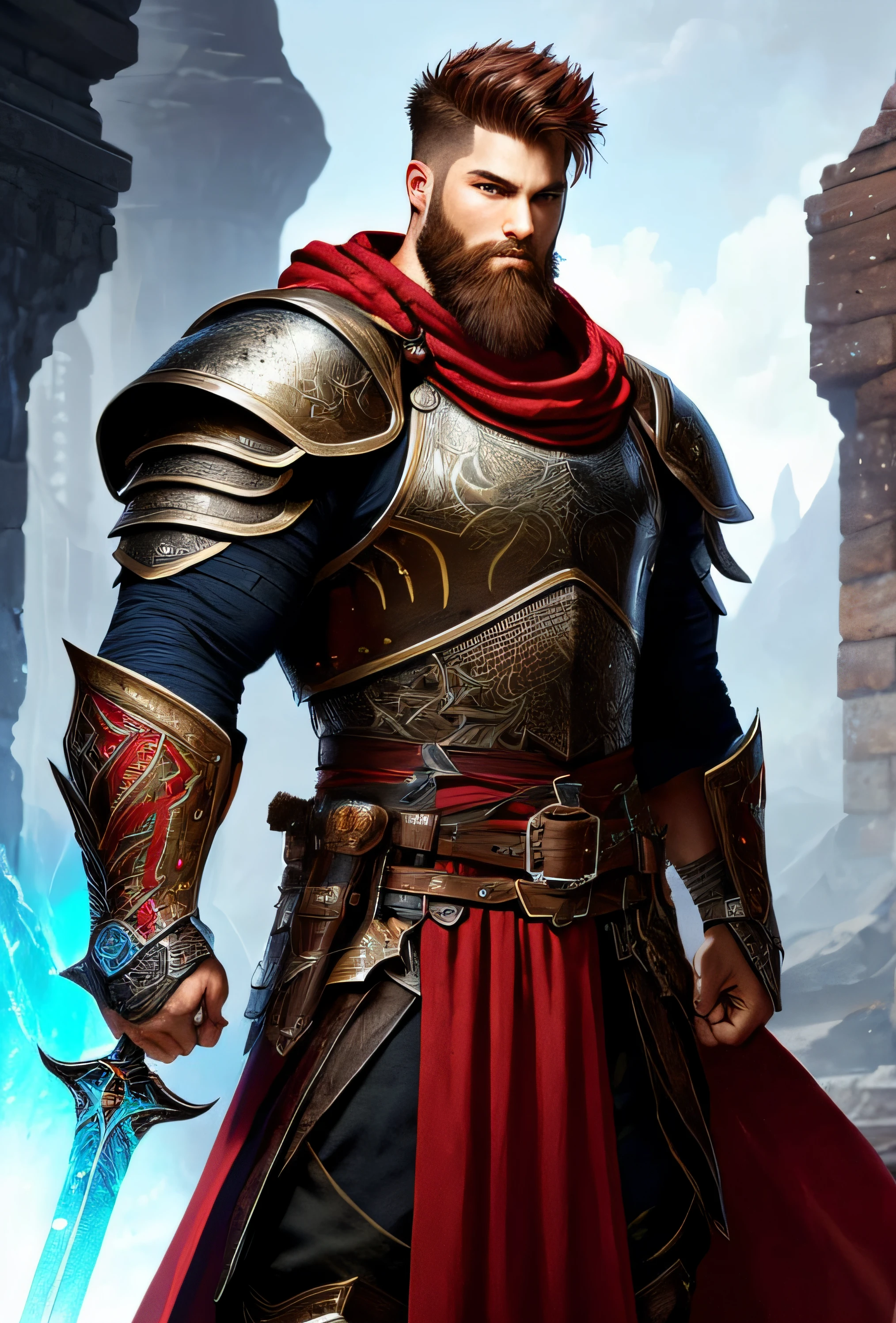 man with short beard, epic rpg portrait, fantasy male portrait, rpg portrait concept art, male warrior, fantasy concept art portrait, epic portrait illustration, detailed character portrait, one human warrior, big black armor with details red, full armor, blue eyes, short hair, brown hair, dungeons and dragons character, detailed hands, cape holding a sword