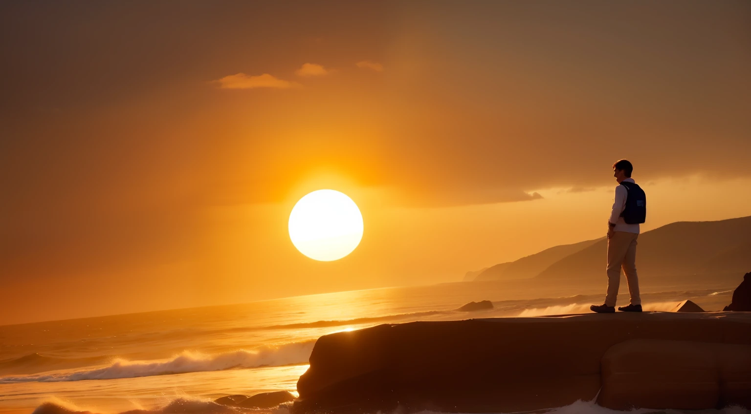 Uma pessoa parada no topo de uma montanha, Olhando para o horizonte. The sun is setting and the sky is full of colors. A pessoa com o rosto perfeito, is smiling and seems to be at peace.
