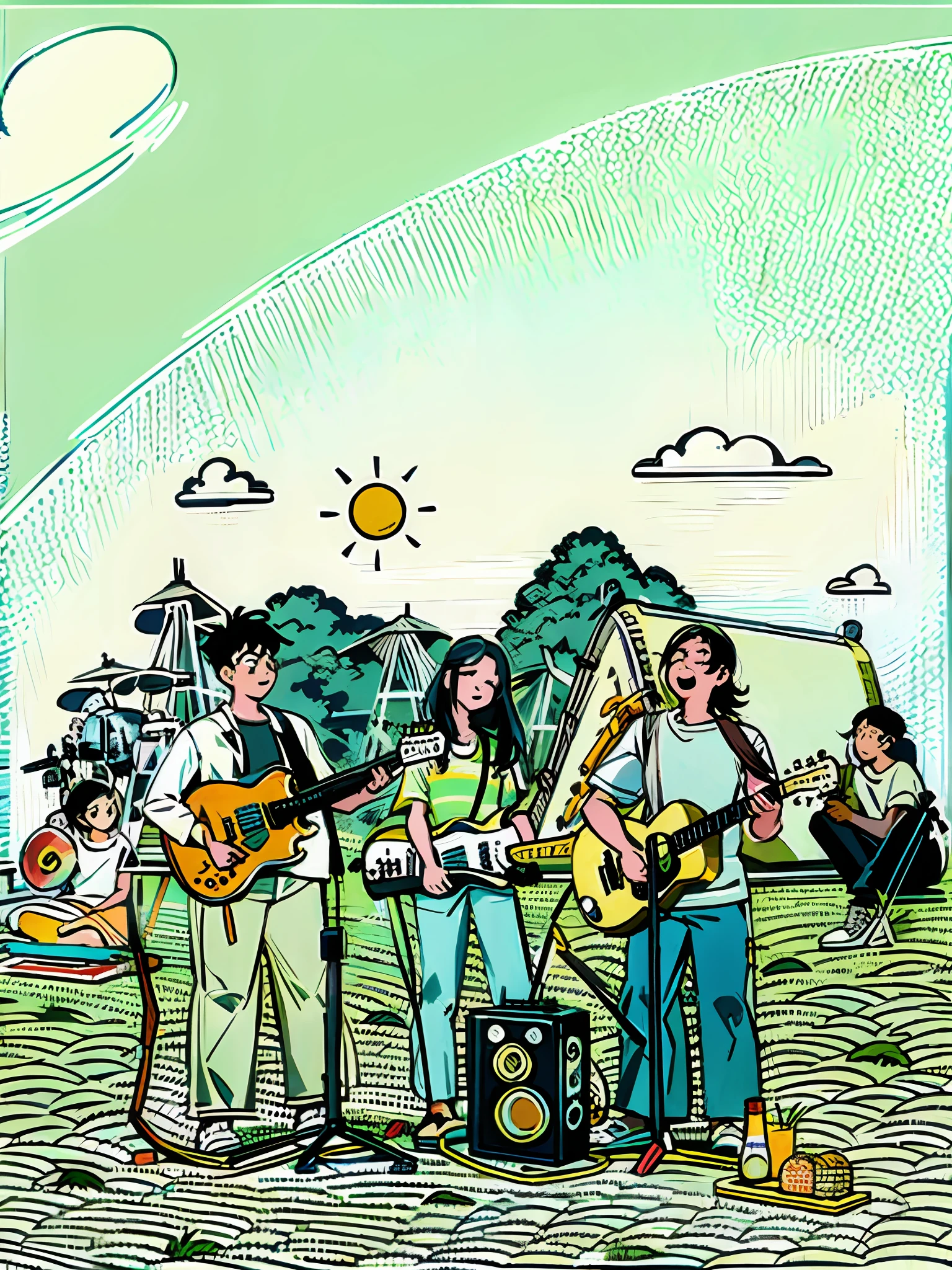 A cartoon of a group of people playing music in a field, band playing, music festival, musicians playing instruments, illustration line art style, band playing instruments, summer festival in background, band, line art illustration, musicians, Simple illustration, Cartoon style illustration, Improvise music, people on a picnic, Simple and clean illustration, summer setting, Flat illustration, Cartoon illustration --auto