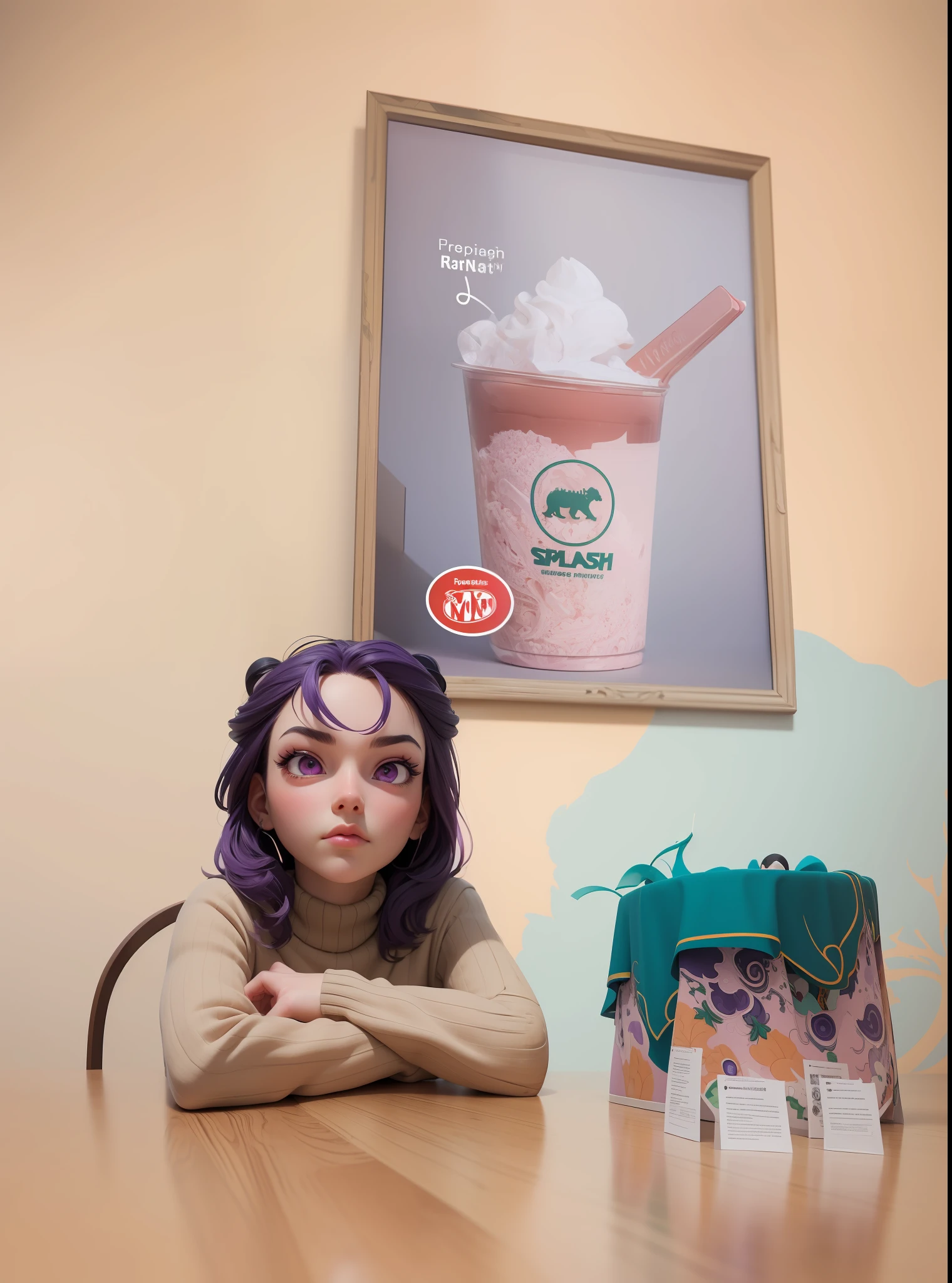 3dmm style,(masterpiece, top quality, best quality, official art, beautiful and aesthetic:1.2), (fractal art:1.3), 1girl, beautiful, high detailed, purple hair with a hint of pink, pink eyes, dark lighting, serious face, looking the sky, sky, medium shot, black sweater, jewelry