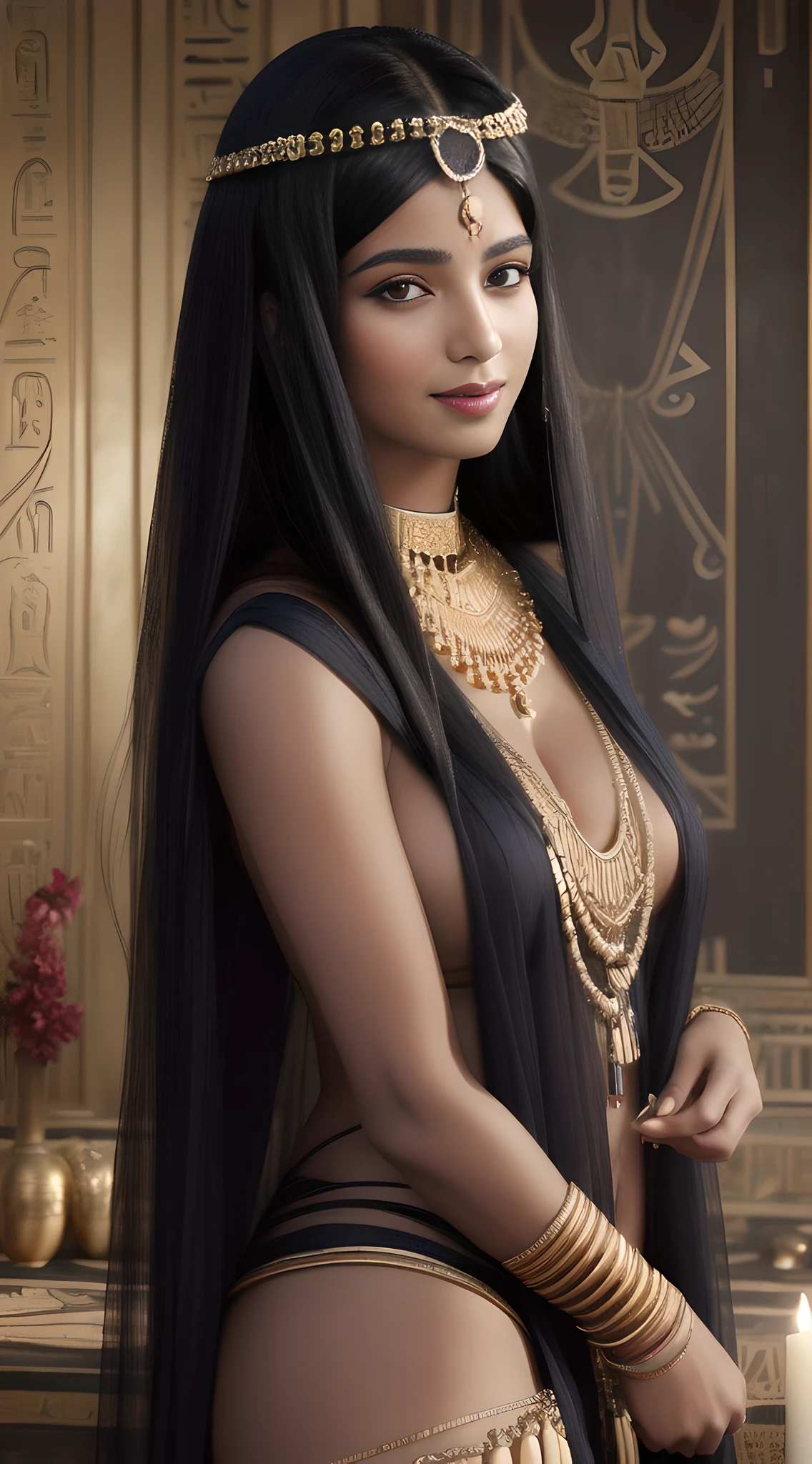 (masterpiece, best quality, high resolution:1.3), captivating Egyptian woman, (jet black hair adorned with lapis lazuli:1.2), expressive eyes, holding (rich, dark Nile soil:1.2), teasing smile, sensuous atmosphere, luxurious ancient Egyptian bedroom, carved stone walls, jeweled cushions, Persian rugs, burning incense, (hues of burgundy and gold:1.2), looking at viewer, close-up.