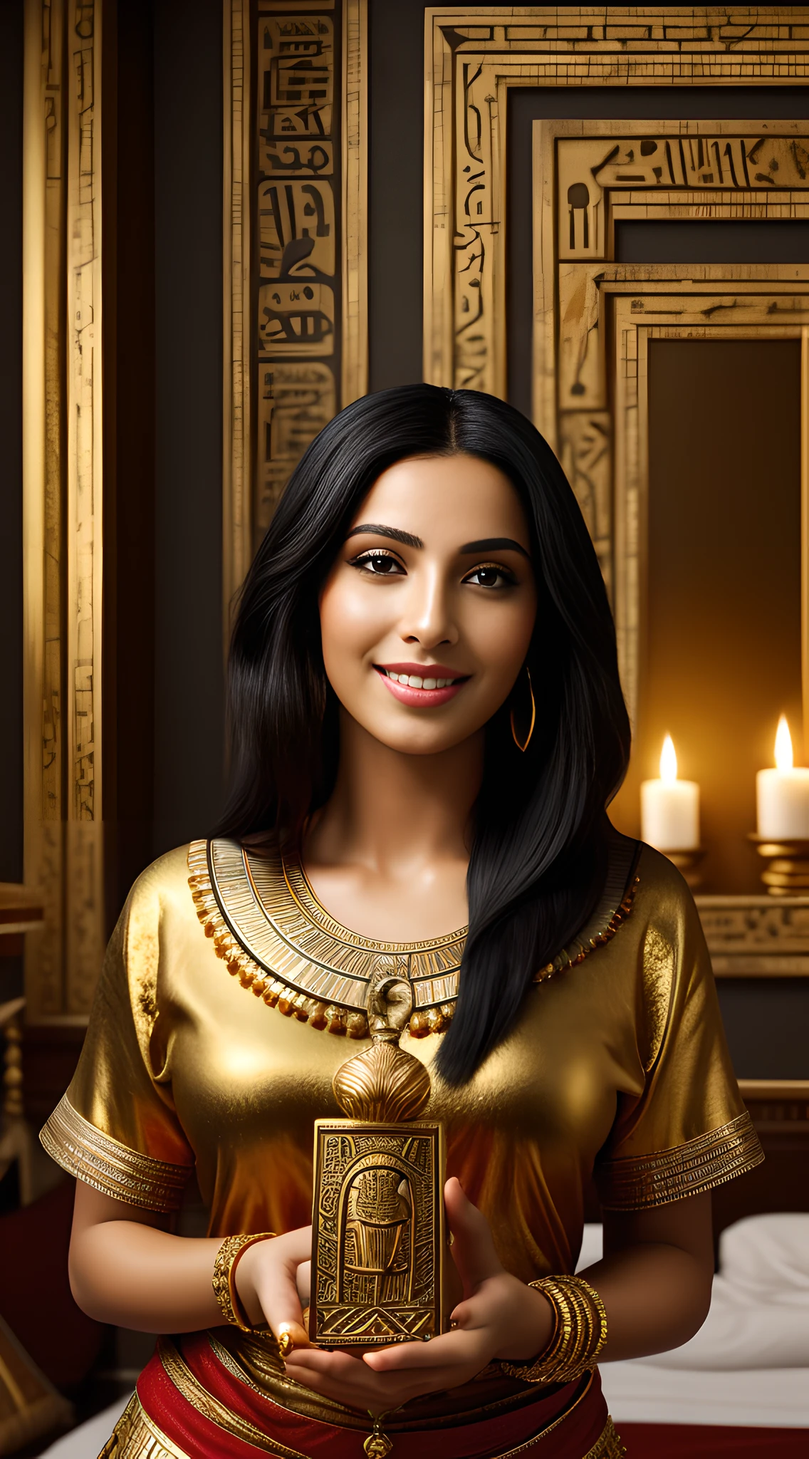 (masterpiece, UHD, photo-realistic:1.3), beautiful Egyptian woman, (kohl-lined eyes:1.2), bronze skin, long (raven-black hair:1.1), teasing smile, holding (handful of dark, dried Nile soil:1.3), romantic atmosphere, detailed, ancient Egyptian bedroom, ornate hieroglyphic murals, bronze mirror stand, colorful bed drapery, warm candlelight, (vibrant reds and golds:1.2), looking at viewer, diagonal shot.
