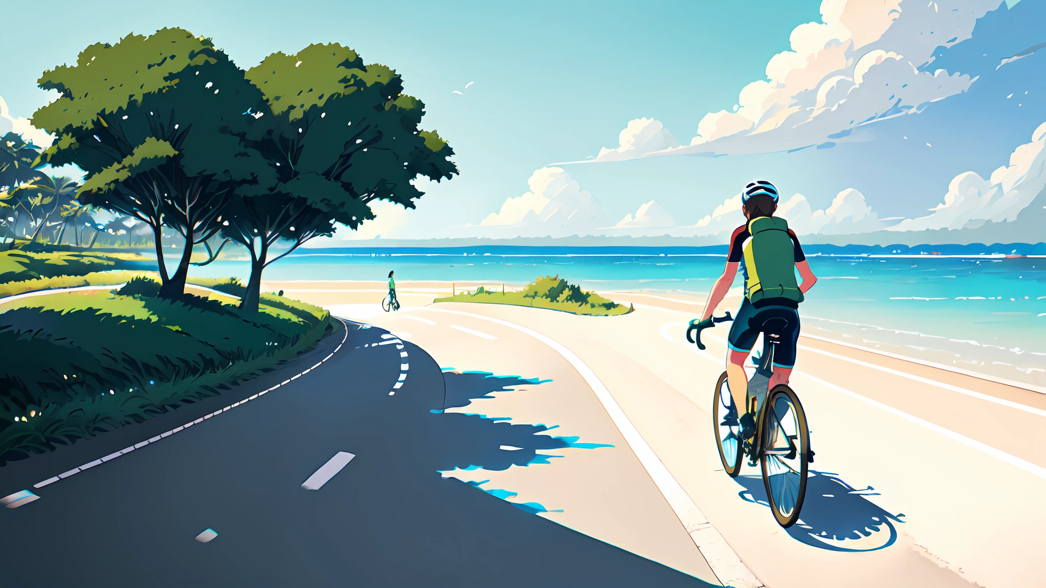 (bicycle:1.5), (Realistic bike: 1.5), (realistic cyclist: 1.5), cycliste de dos, zanzibar, plage, voiliers, mer, sable, soleil, Landscaped background, ombres, contraste, makoto shinkai (beste-Qualit:1.3), (Highres:1) Art par Studio Ghibli Style, Impressionnisme, Couleurs vibrantes