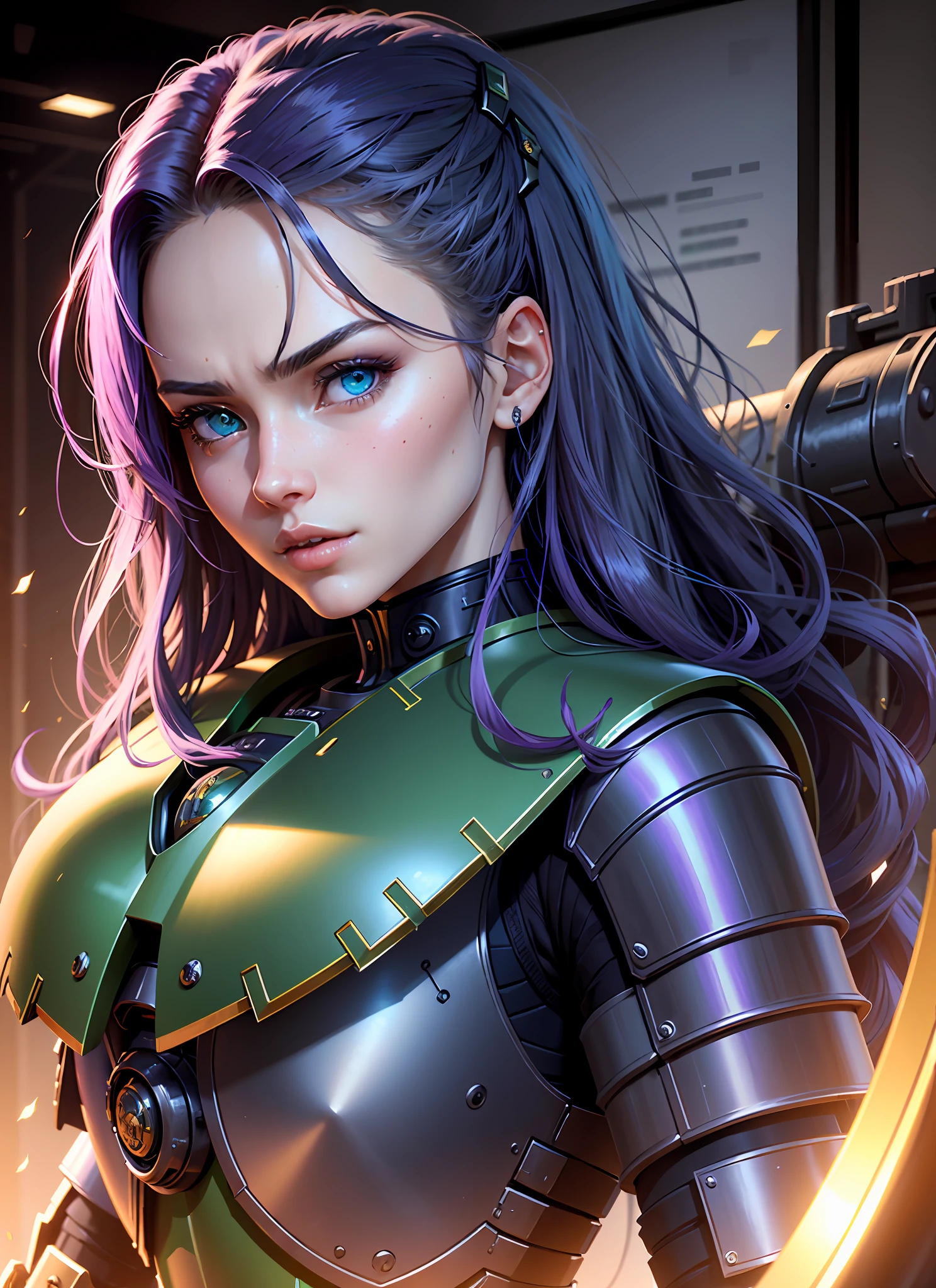 3dmm style,a portrait of a girl, long hair, blue eyes, lips, [seductress|babe] , science fiction, [power armor|armor] ,armored, wearing, breastplate, perfect face, pretty face, green eyes, purple hair, long hair, big chest, lush detail, absurdres, illustration, highres, cinematic lighting, dramatic angle