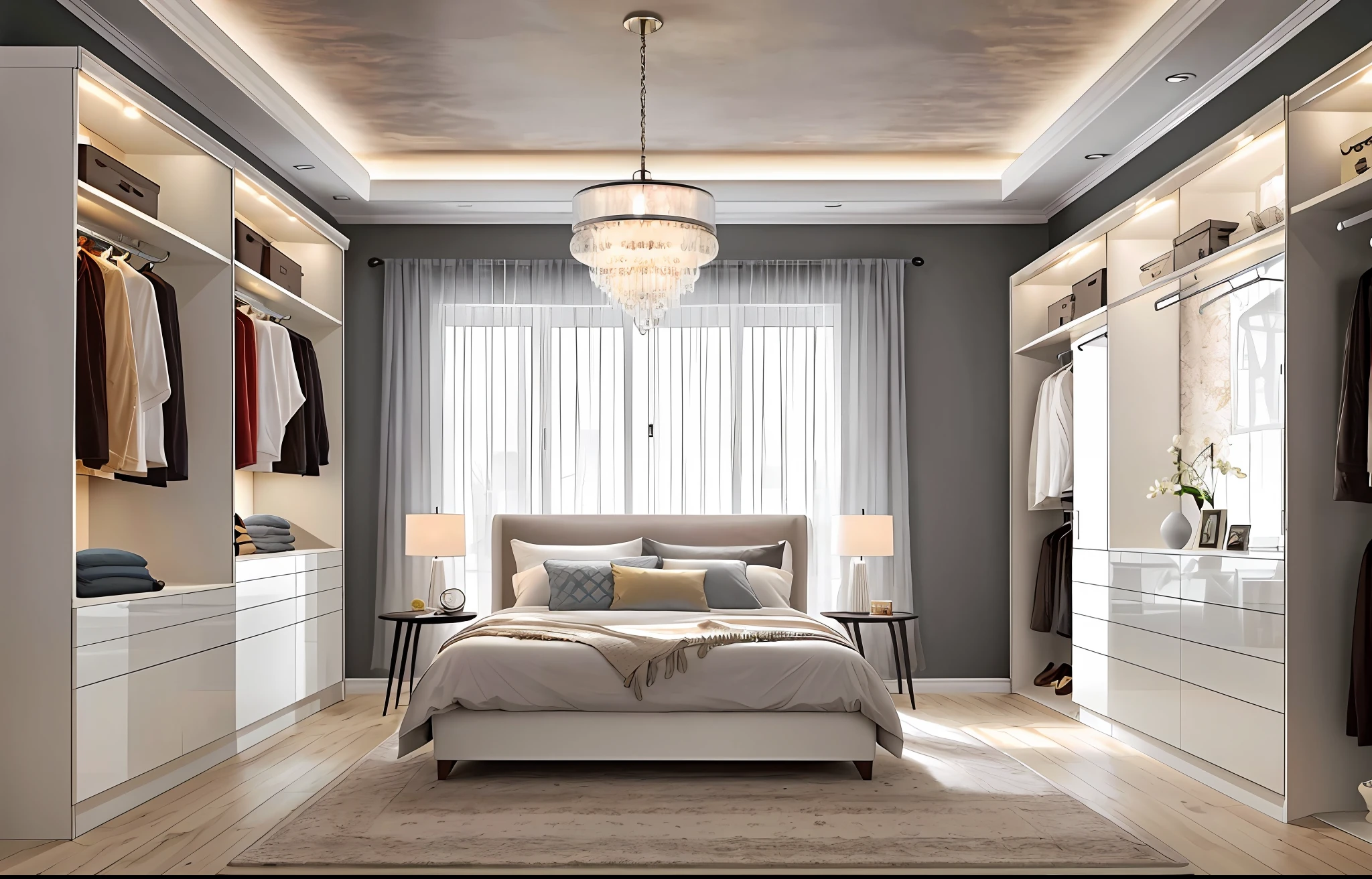 Crie um lindo e luxuoso banheiro, Large with contemporary furniture realistic image of high resolution and well lit, com um grande espelho e um closet integrado