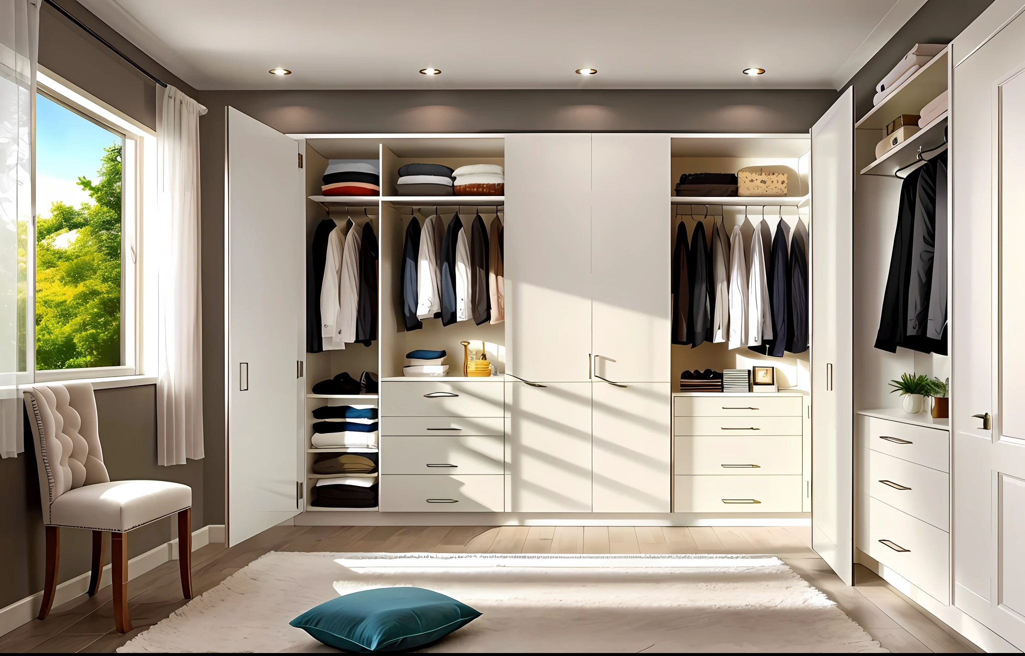 Crie um lindo e luxuoso banheiro, Large with contemporary furniture realistic image of high resolution and well lit, com um grande espelho e um closet integrado