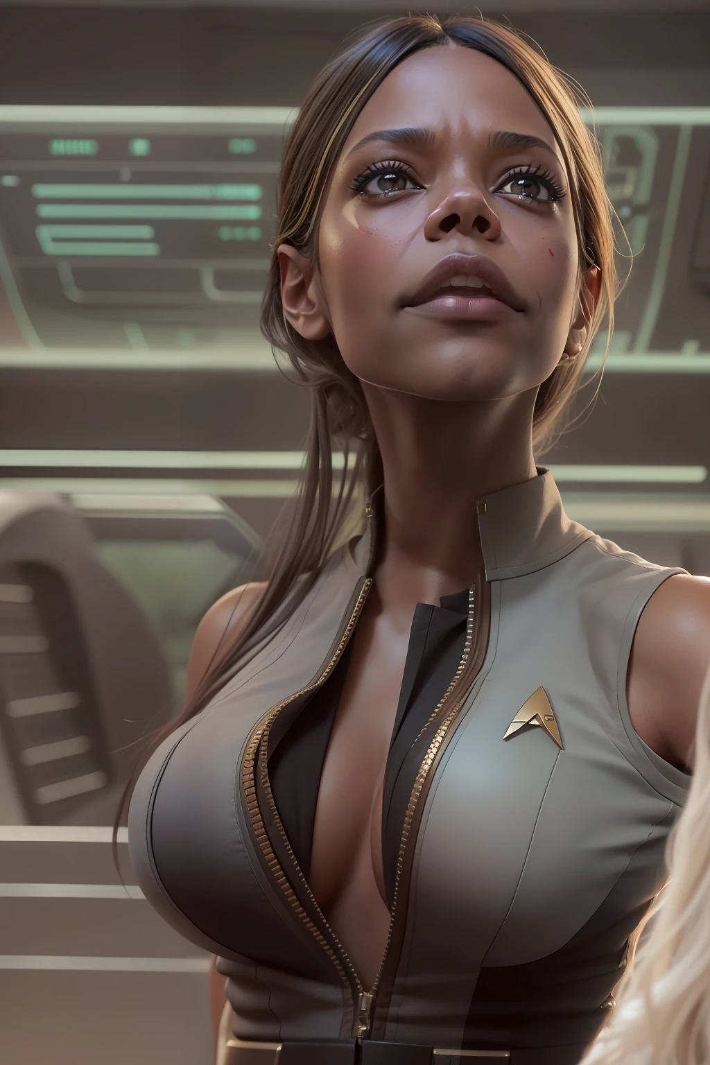 ((Zoe Saldana guckt neugierig)), ((she has round breasts)), ((Startrek)), (ds9st uniform), (she steht in ihrer Kabine auf der Enterprise), (kleiner Kopf), ((detailliertes Gesicht)), Weiches filmisches Licht, ((((Kino-Look)))), (fotorealistisch), (Raytracing), (scharfer Fokus), ((natural realistic skin texture)), detailliertes Gesicht, detaillierte Lippen, detaillierte Augen, doppeltes Augenlid