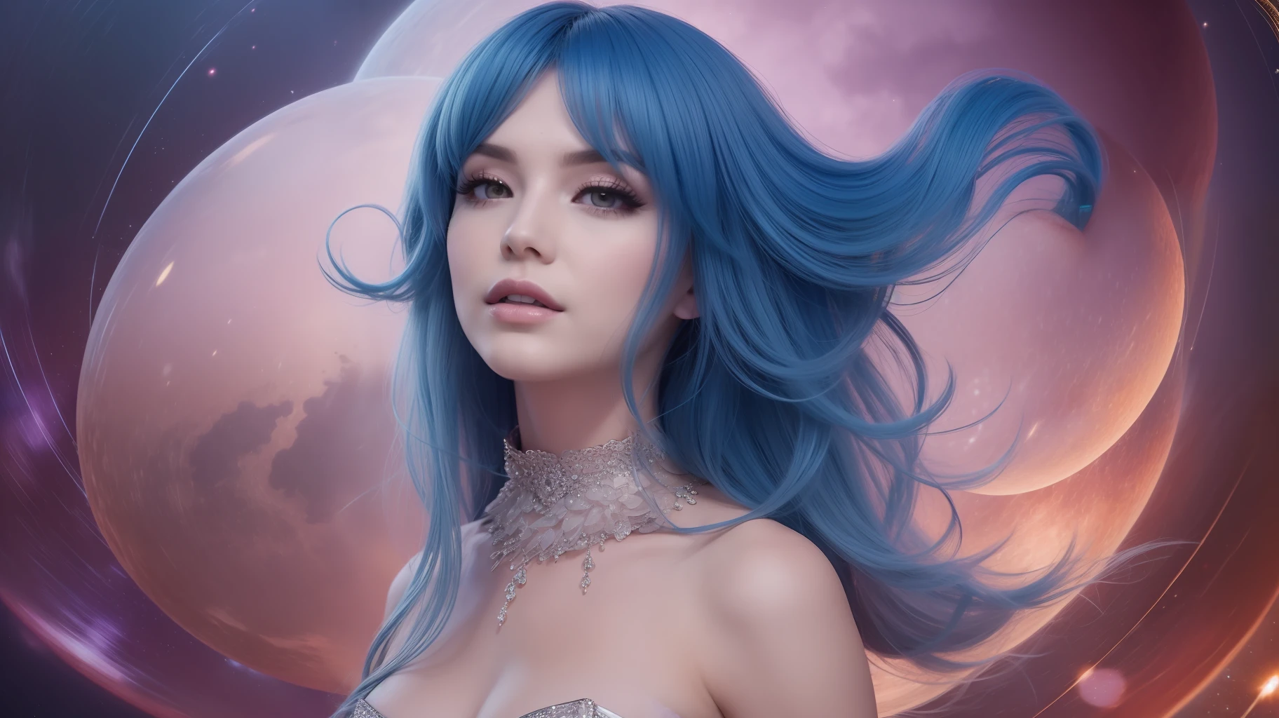 "A blue-haired woman embodying the zodiac sign Gemini, elegantly clad, poised on the planet Mercury, enveloped by a gentle breeze." best quality, 8k