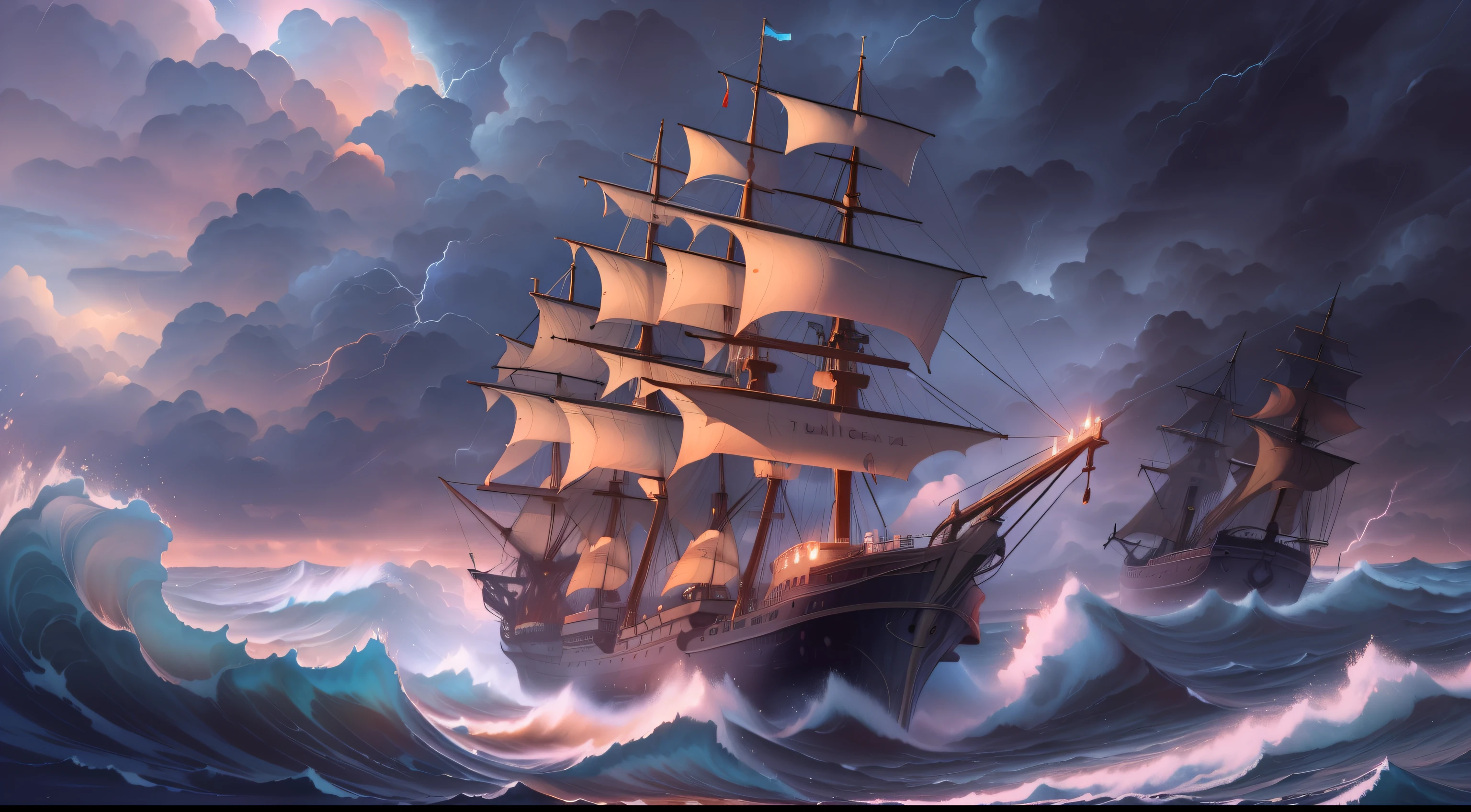 ((best quality)), ((masterpiece)), (detailed), rough ocean, (big ocean waves), (((storm atmospheric))), ((thunder)), lightning, ((majestic royal tall ship on a sea)), (loong), realistic painting, (long shot), hyper realistic, 8k, epic composition, cinematic
