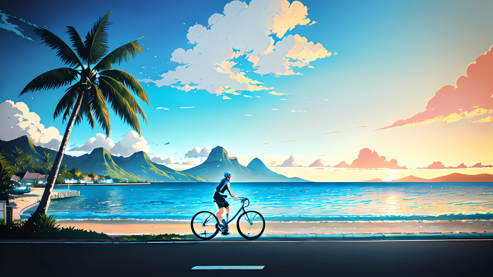 (bicycle:1.5), (Realistic bike: 1.5), (realistic cyclist: 1.5), cycliste de dos, tahiti, plage, palmiers, mer, sable, sunset, Landscaped background, ombres, contraste, makoto shinkai (beste-Qualit:1.3), (Highres:1) Art par Studio Ghibli Style, Impressionnisme, Couleurs vibrantes