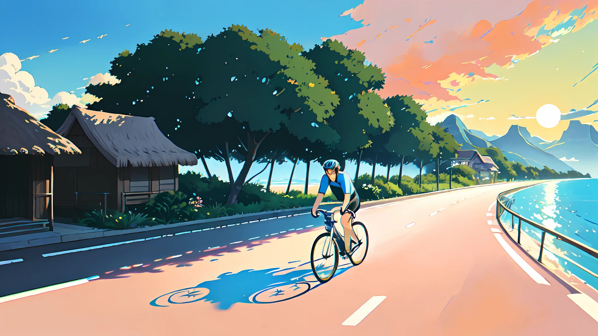 (bicycle:1.5), (Realistic bike: 1.5), (realistic cyclist: 1.5), cycliste de dos, tahiti, plage, palmiers, mer, sable, sunset, Landscaped background, ombres, contraste, makoto shinkai (beste-Qualit:1.3), (Highres:1) Art par Studio Ghibli Style, Impressionnisme, Couleurs vibrantes