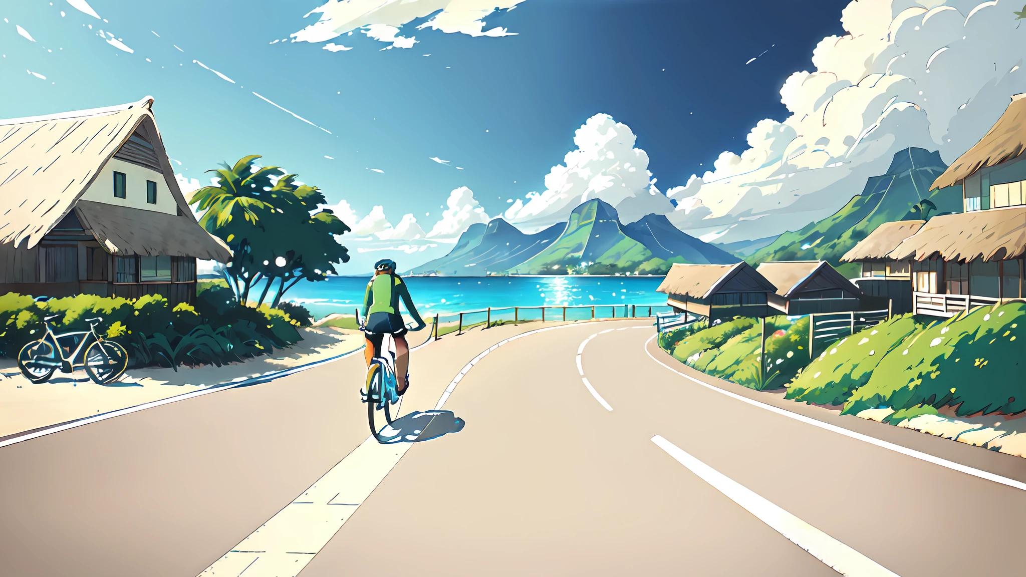 (bicycle:1.5), (Realistic bike: 1.5), (realistic cyclist: 1.5), cycliste de dos, tahiti, plage, papete, mer, sable, soleil, Landscaped background, ombres, contraste, makoto shinkai (beste-Qualit:1.3), (Highres:1) Art par Studio Ghibli Style, Impressionnisme, Couleurs vibrantes