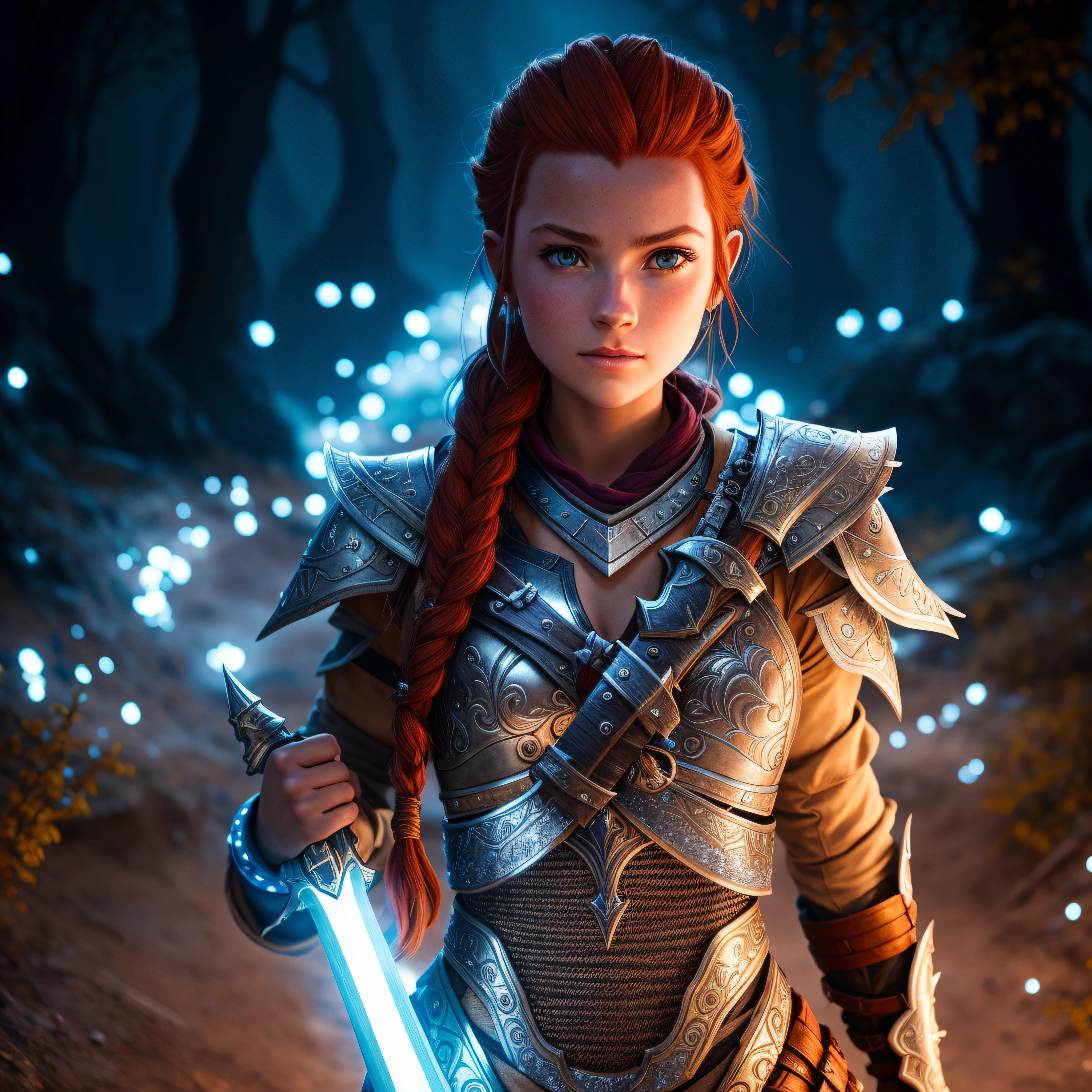 Un primer plano de una mujer disfrazada sosteniendo una espada, Luces brillantes en armadura, Unreal Engine Fantasy Art, Fantasy Beautiful lighting, hyperdetailed fantasy character, LED - Armadura iluminada, beautiful and cinematic lighting, epic fantasy digital art style, ALOY, Vestido con armadura ligera, beautiful cinematic lighting, clothed in ethereal battle armor, with cinematic lighting