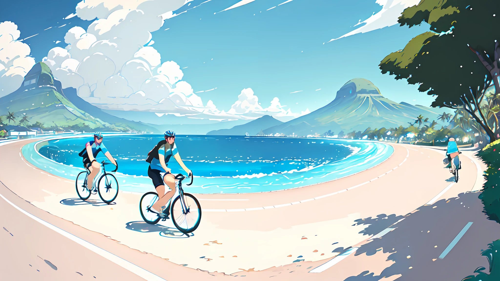 (bicycle:1.5), (Realistic bike: 1.5), (realistic cyclist: 1.5), cycliste de dos, tahiti, plage, Polynesia, mer, sable, soleil, Landscaped background, ombres, contraste, makoto shinkai (beste-Qualit:1.3), (Highres:1) Art par Studio Ghibli Style, Impressionnisme, Couleurs vibrantes