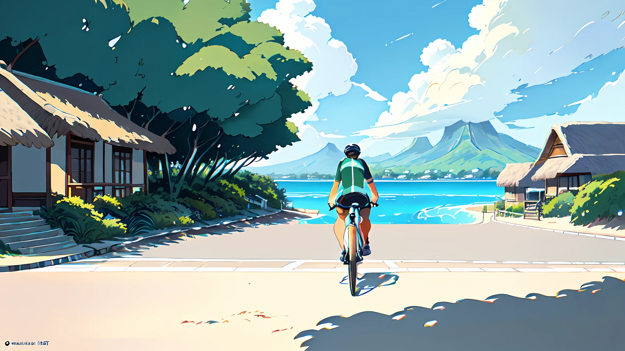 (bicycle:1.5), (Realistic bike: 1.5), (realistic cyclist: 1.5), cycliste de dos, tahiti, plage, Polynesia, mer, sable, soleil, Landscaped background, ombres, contraste, makoto shinkai (beste-Qualit:1.3), (Highres:1) Art par Studio Ghibli Style, Impressionnisme, Couleurs vibrantes