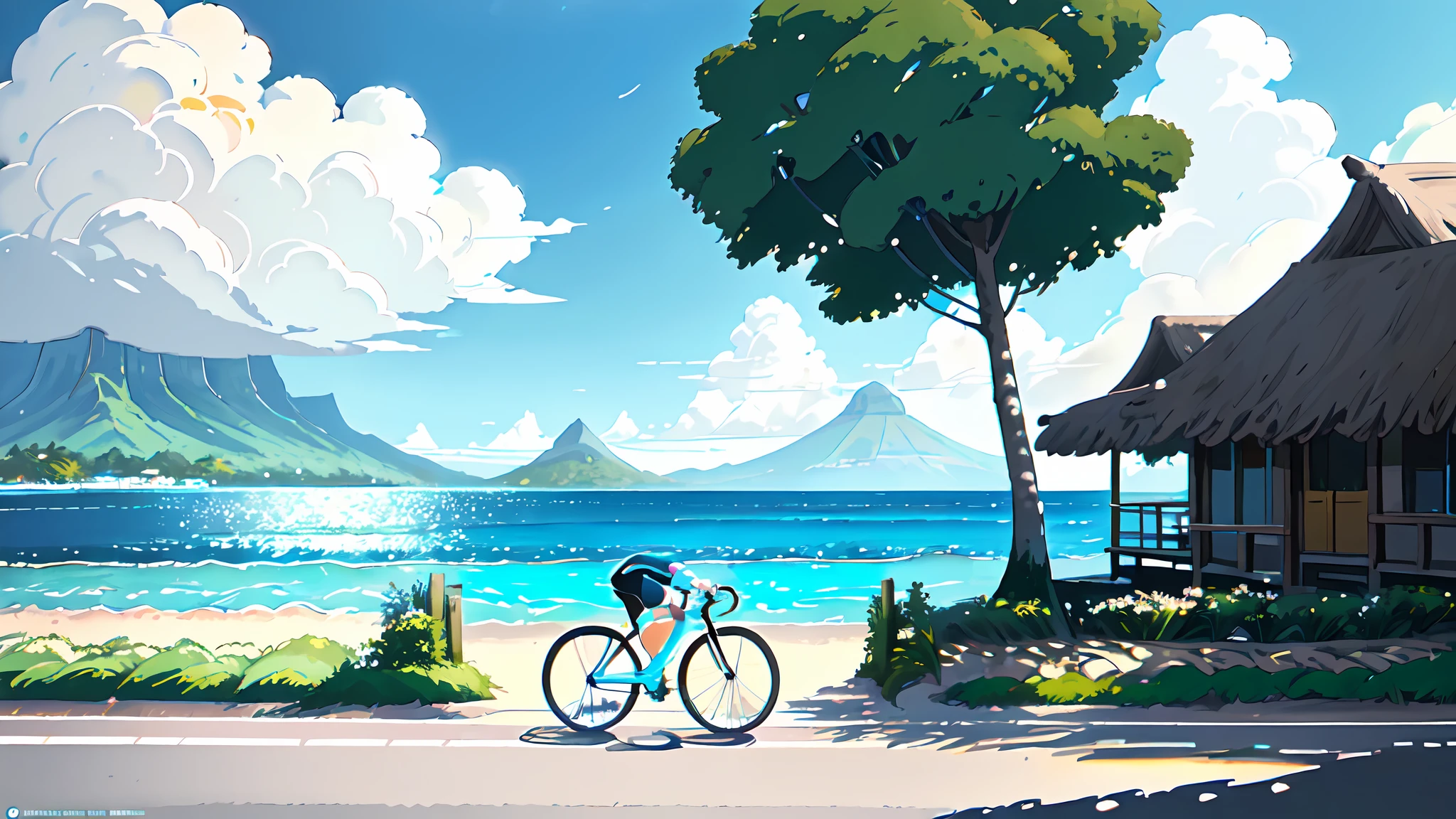 (bicycle:1.5), (Realistic bike: 1.5), (realistic cyclist: 1.5), cycliste de dos, tahiti, plage, Polynesia, mer, sable, soleil, Landscaped background, ombres, contraste, makoto shinkai (beste-Qualit:1.3), (Highres:1) Art par Studio Ghibli Style, Impressionnisme, Couleurs vibrantes