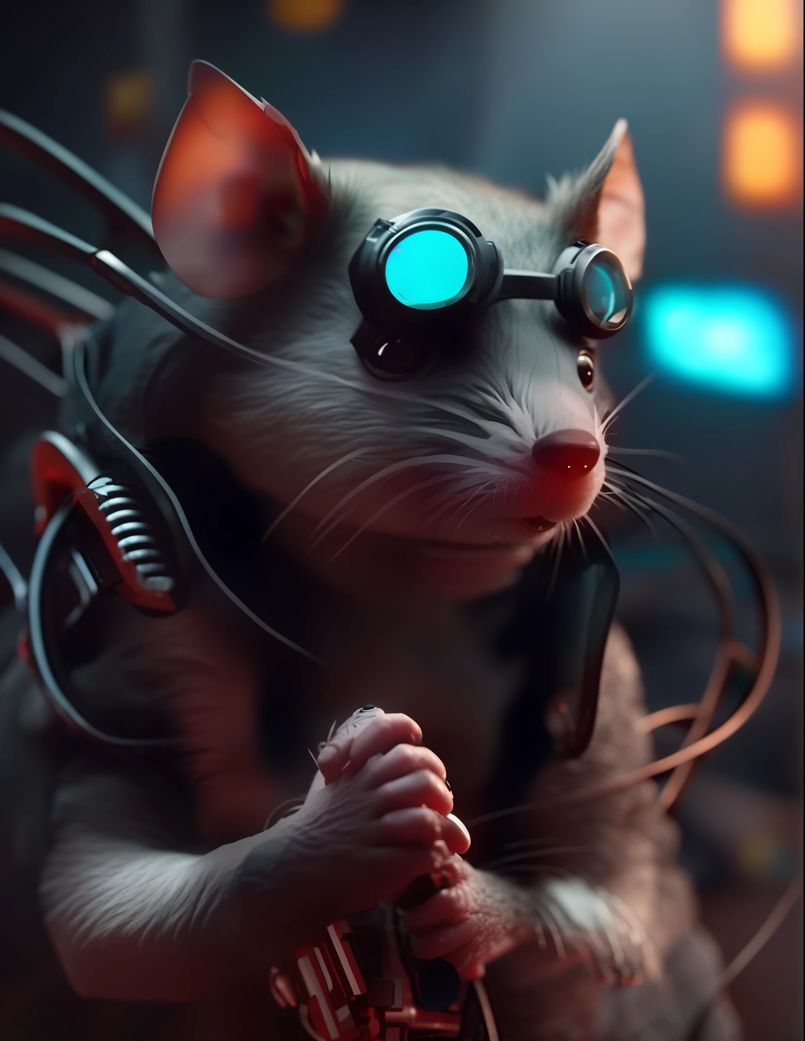 a close up of a rat with goggles on its head, cyberpunk mouse folk engineer, steampunk rat, portrait of a rat mad scientist, anthropomorphic rat, an anthropomorphic rat, cyborg mouse, an anthropomorphic gangster rat, has cyberpunk style, anthropomorphic gangster rat, anthropomorphic mouse, cgsociety saturated colors