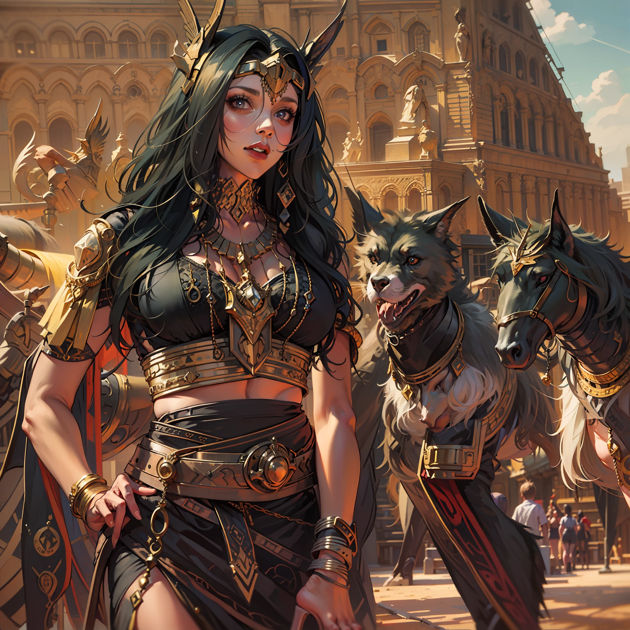 obra-prima, 4k, alta qualidade, altamente detalhado, rosto detalhado, HDR, cores vivas, natural  lightting, estilo-hamunaptra,
a fair-skinned girl with long black hair like Anubis, wearing black egyptian dress, joias douradas, high-heeled sandals, no egito, Pyramids in the background of the scenery, sorrir,
1girl, solo, corpo inteiro, interior