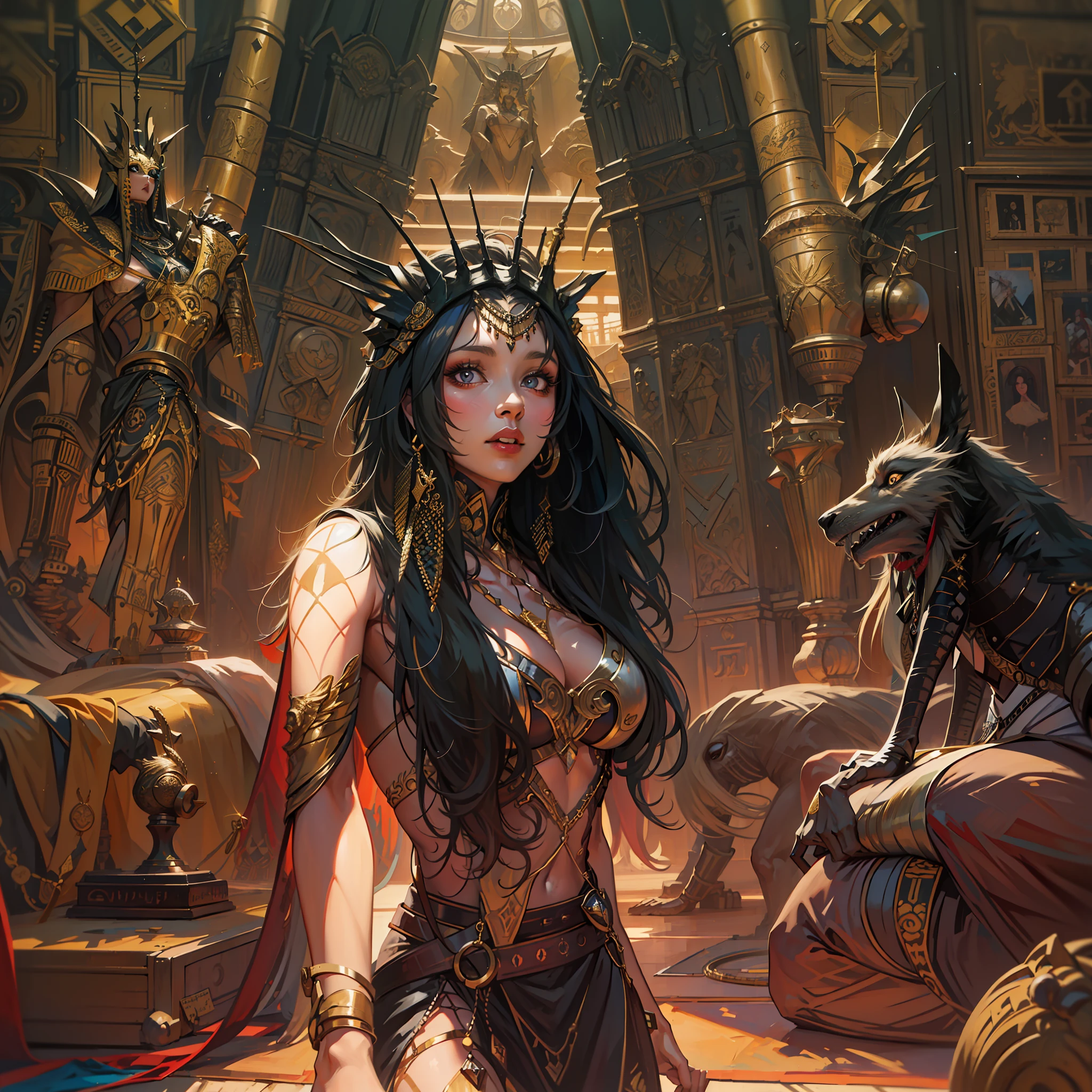 obra-prima, 4k, alta qualidade, altamente detalhado, rosto detalhado, HDR, cores vivas, natural lightting, estilo-hamunaptra,
a fair-skinned girl with long black hair like Anubis, wearing black egyptian dress, joias douradas, high-heeled sandals, no egito, Pyramids in the background of the scenery, sorrir,
1girl, solo, corpo inteiro, interior