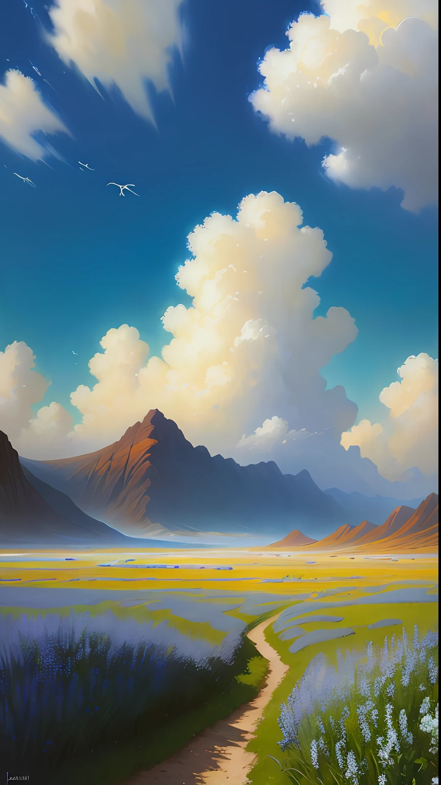 Realistic, authentic, beautiful and amazing landscape oil painting by karol bak,ivan shiskin, 's petal grassland with blue sky and white clouds --v6